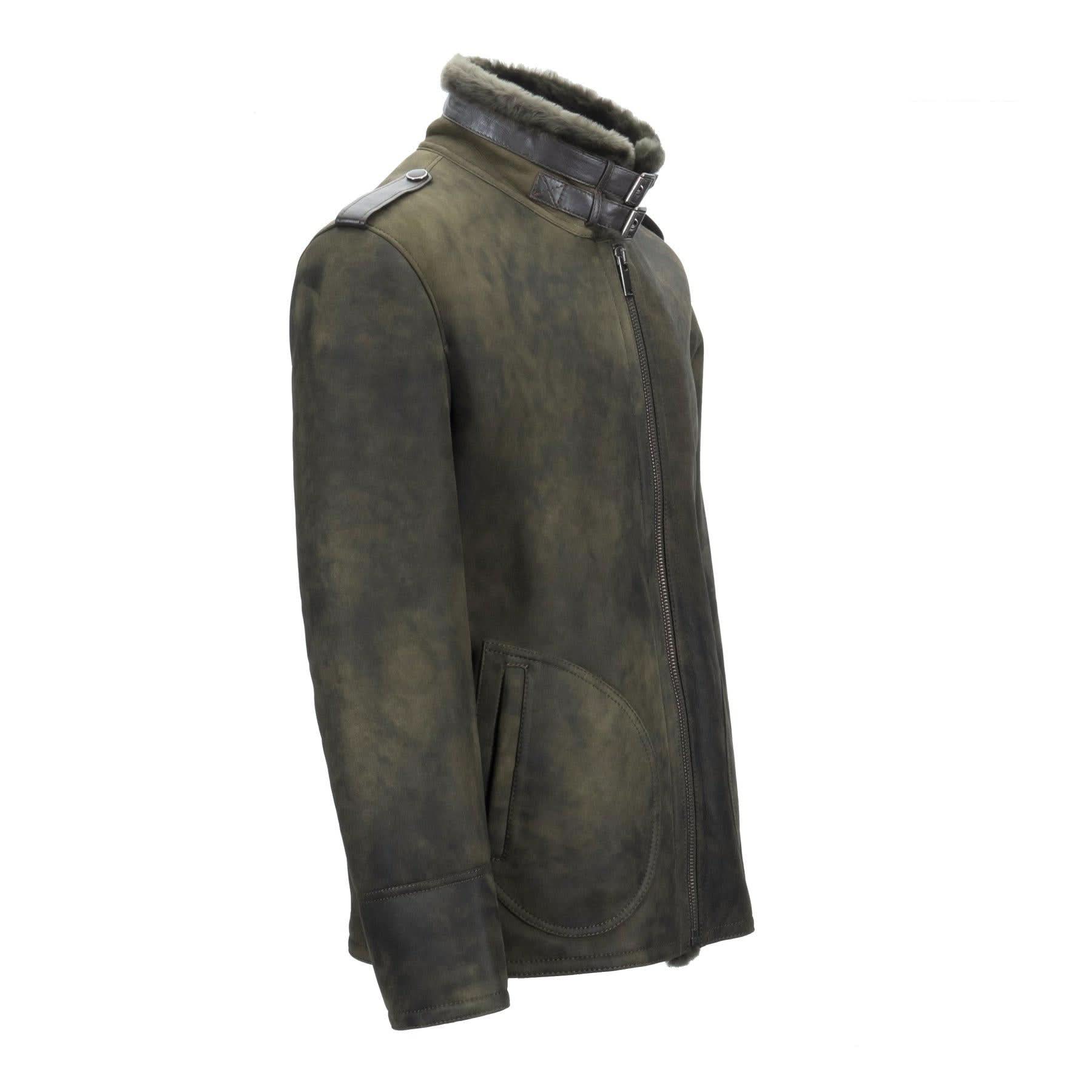 Olive sheepskin jacket with fur collar shown from side angle. - Yellow Earth Australia