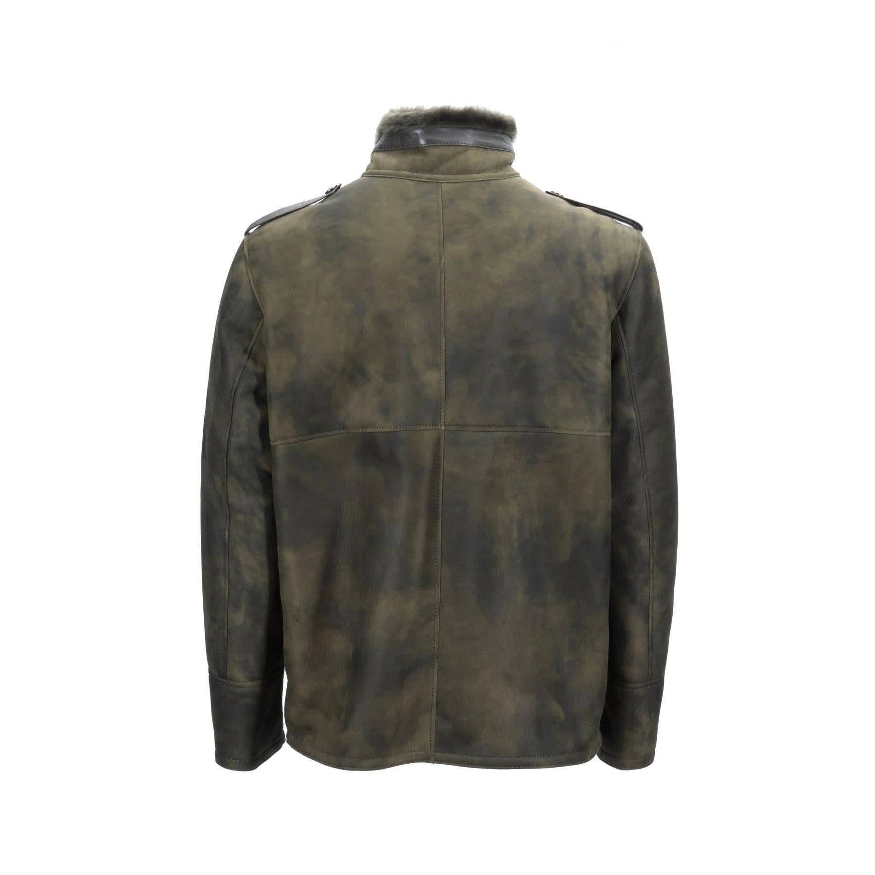 Distressed olive suede jacket with fur collar, rear view. - Yellow Earth Australia