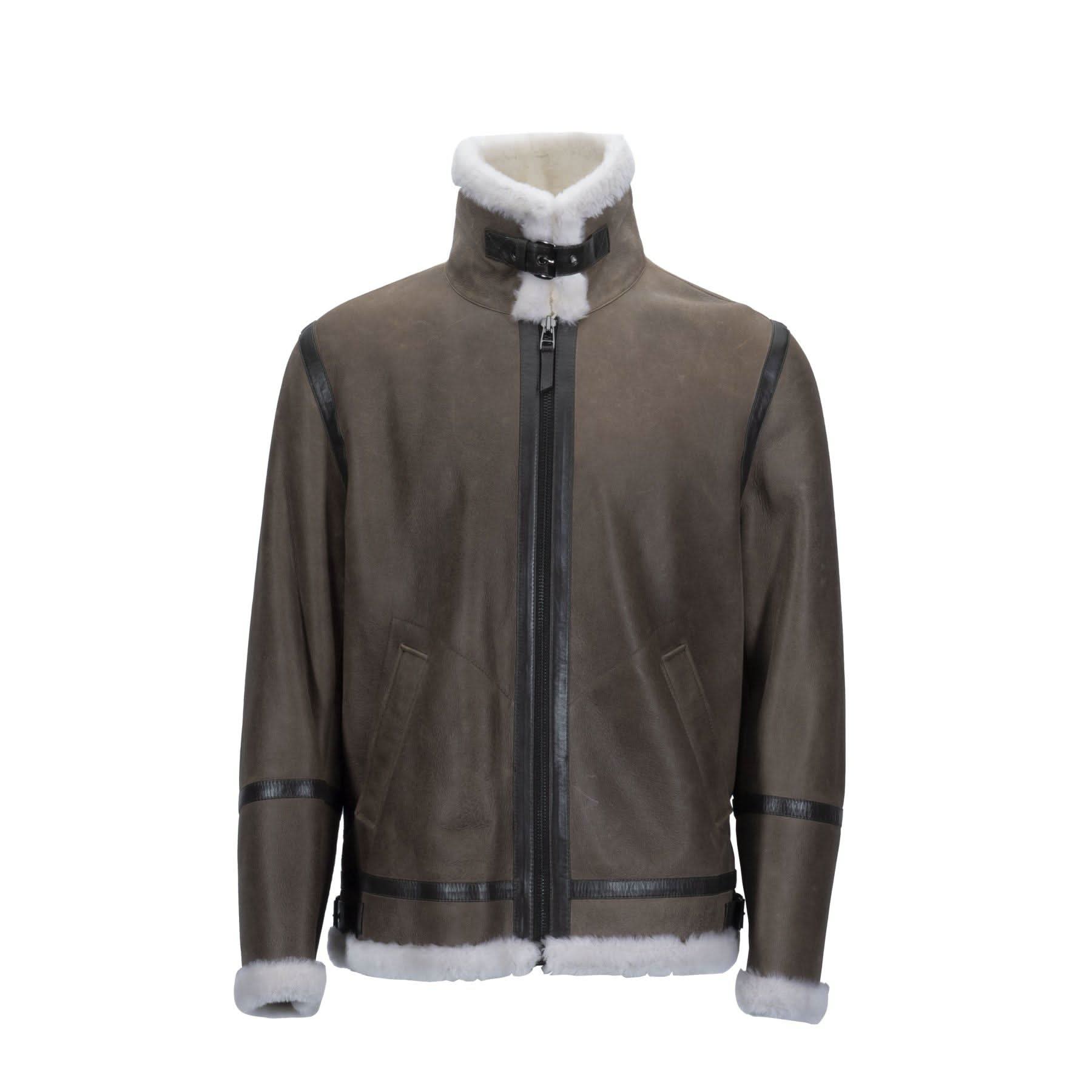 Brown sheepskin jacket with white fur trim and black leather accents, front view. - Yellow Earth Australia