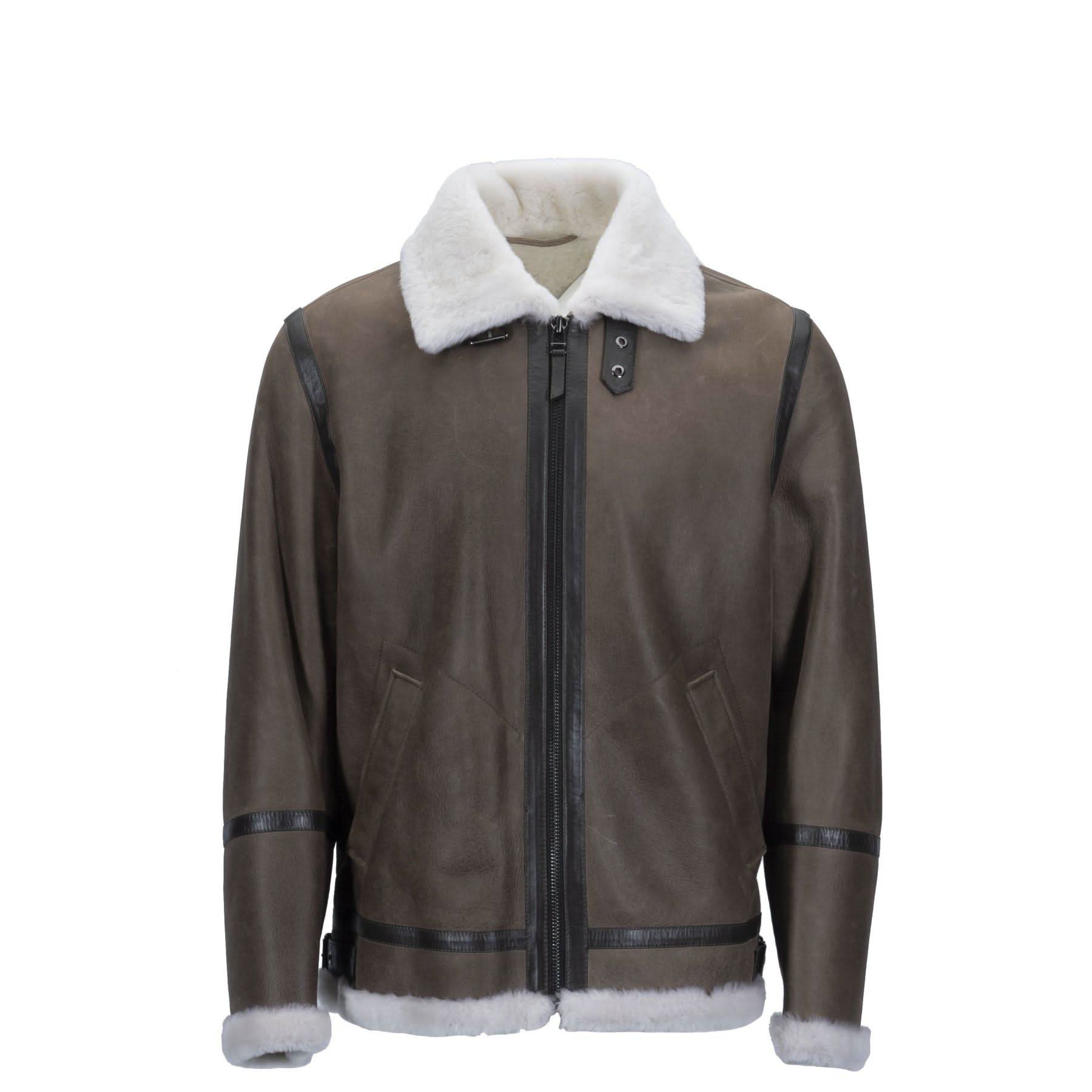 Brown sheepskin jacket with white fleece collar and cuffs, front view. - Yellow Earth Australia