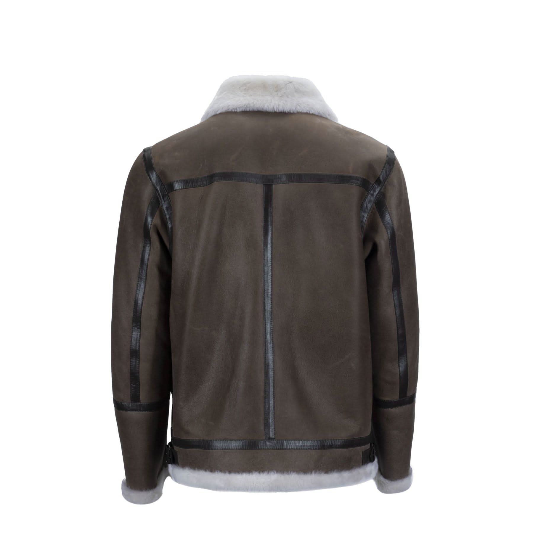 Brown sheepskin jacket with white fur collar and cuffs, back view. - Yellow Earth Australia
