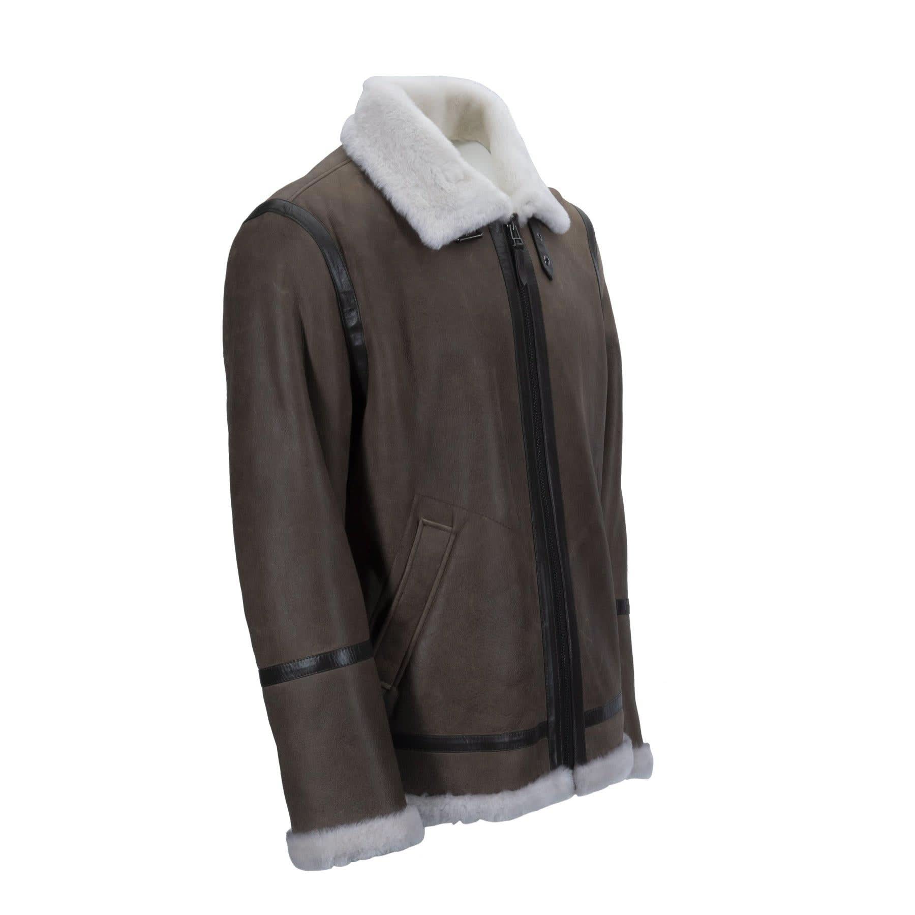 Brown sheepskin jacket with white wool collar and cuffs, displayed on mannequin. - Yellow Earth Australia