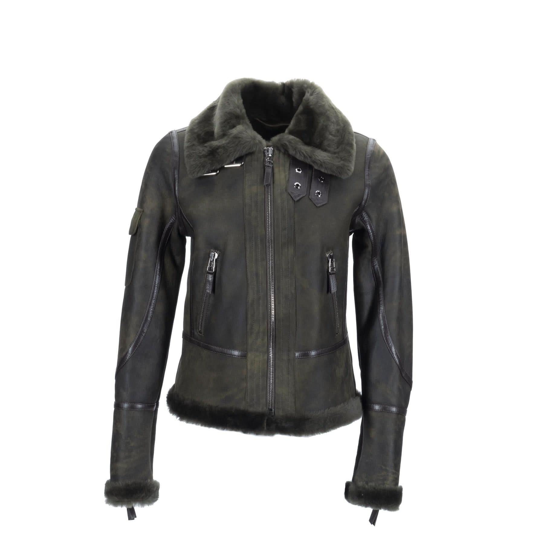 Women's charcoal sheepskin jacket with fur collar and cuffs, front view. - Yellow Earth Australia