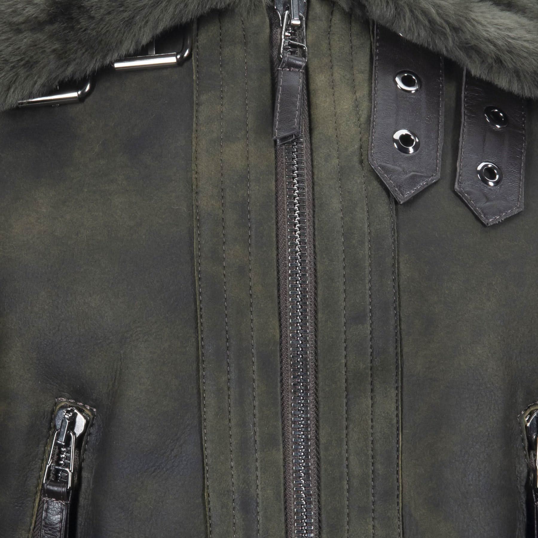 Olive green sheepskin jacket with fur collar, central zip and leather accents, front view. - Yellow Earth Australia