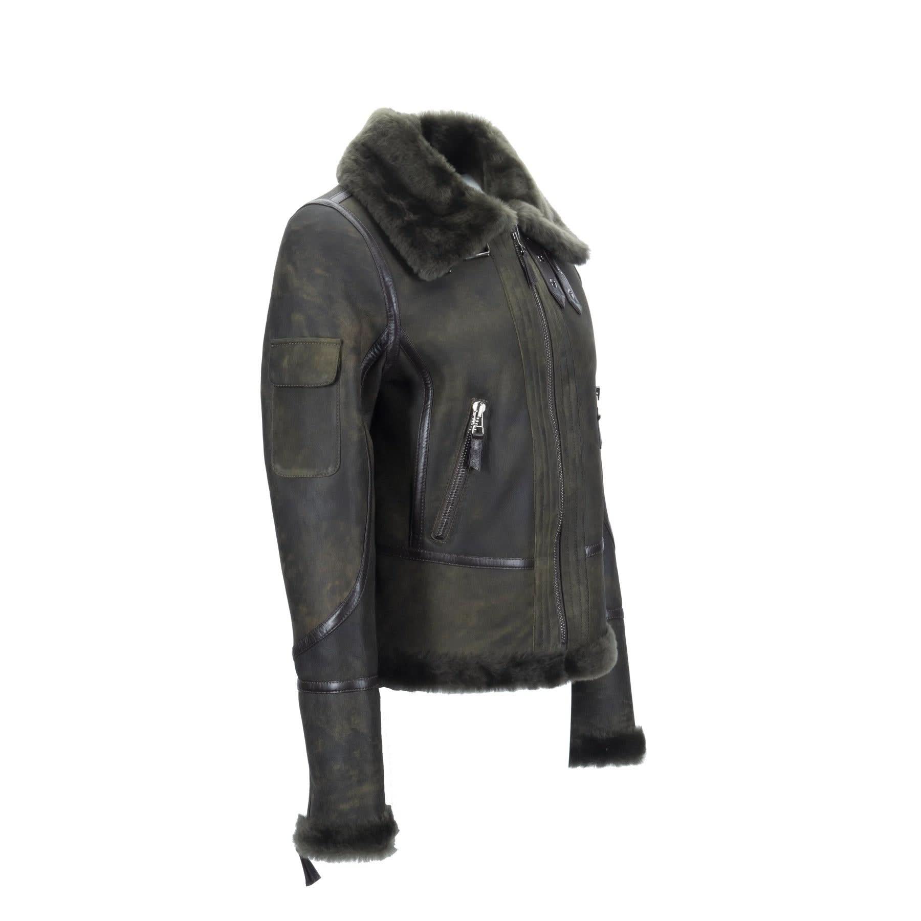 Black sheepskin jacket with fur collar and cuffs, displayed on side angle view. - Yellow Earth Australia