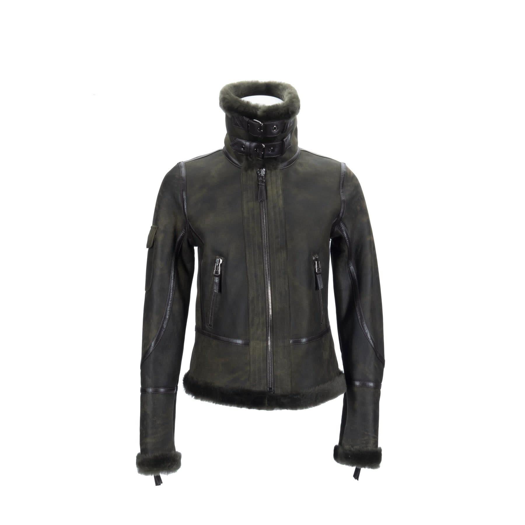 Dark olive sheepskin jacket with black leather trim and fur collar, front view. - Yellow Earth Australia