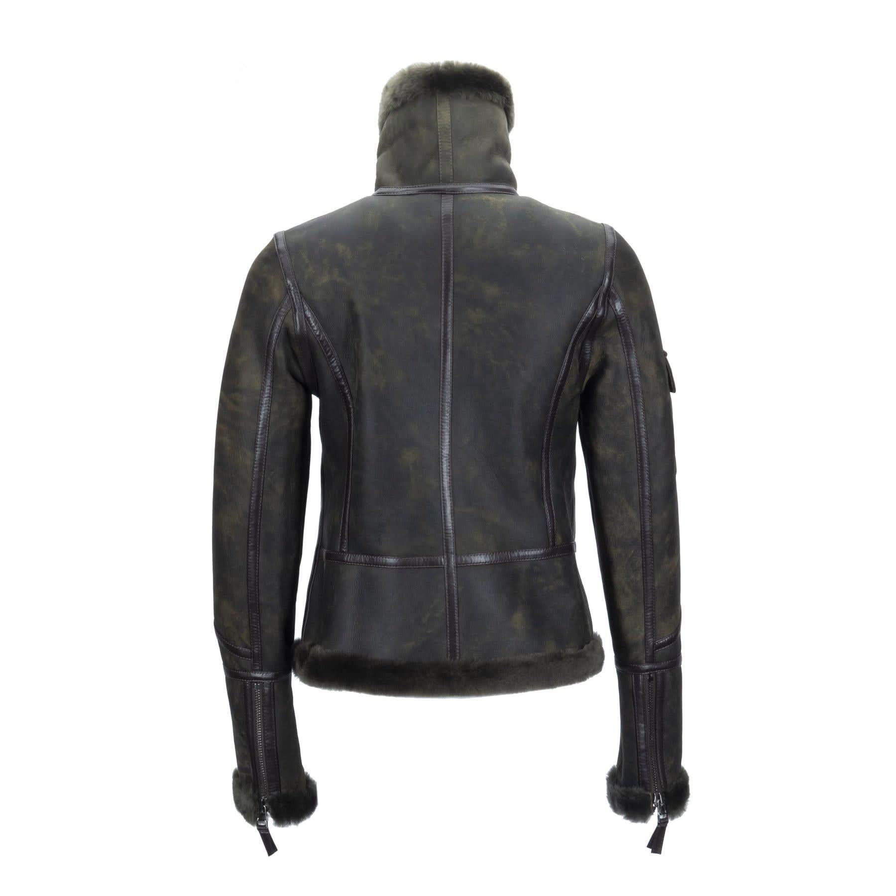 Black sheepskin leather jacket with fur collar and cuffs, rear view. - Yellow Earth Australia