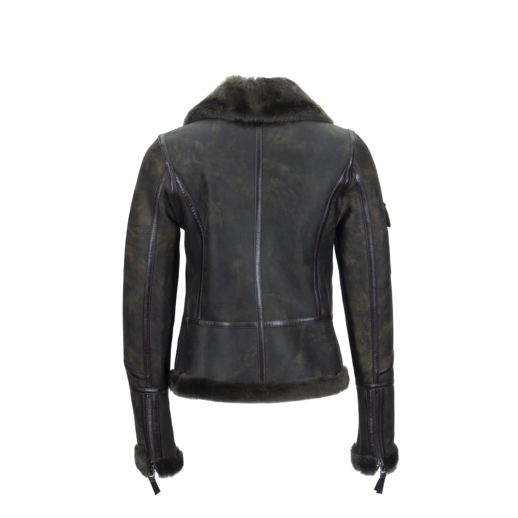 Black leather sheepskin jacket with fur collar and cuffs, back view. - Yellow Earth Australia