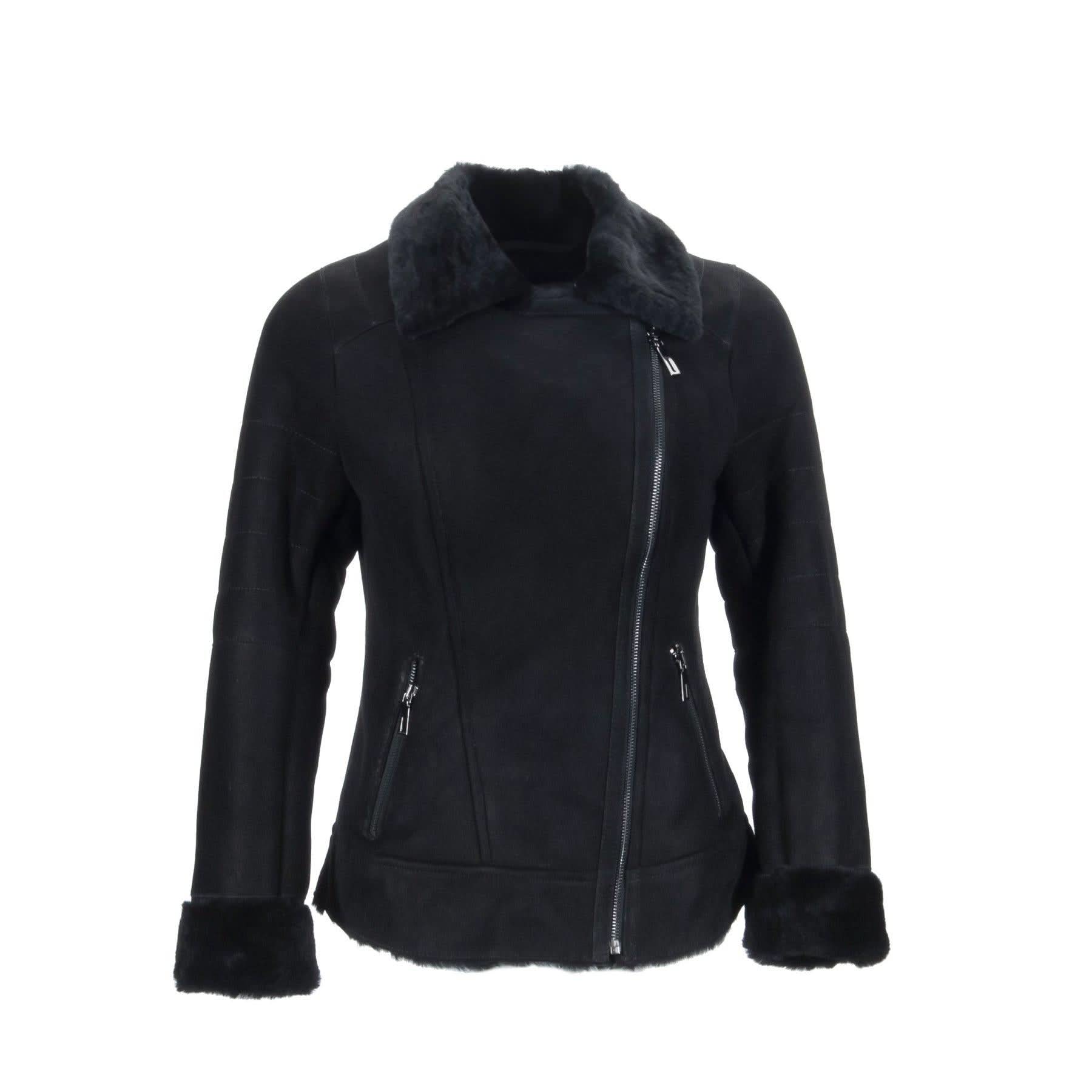 Black sheepskin jacket with fur collar and cuffs, front view. - Yellow Earth Australia