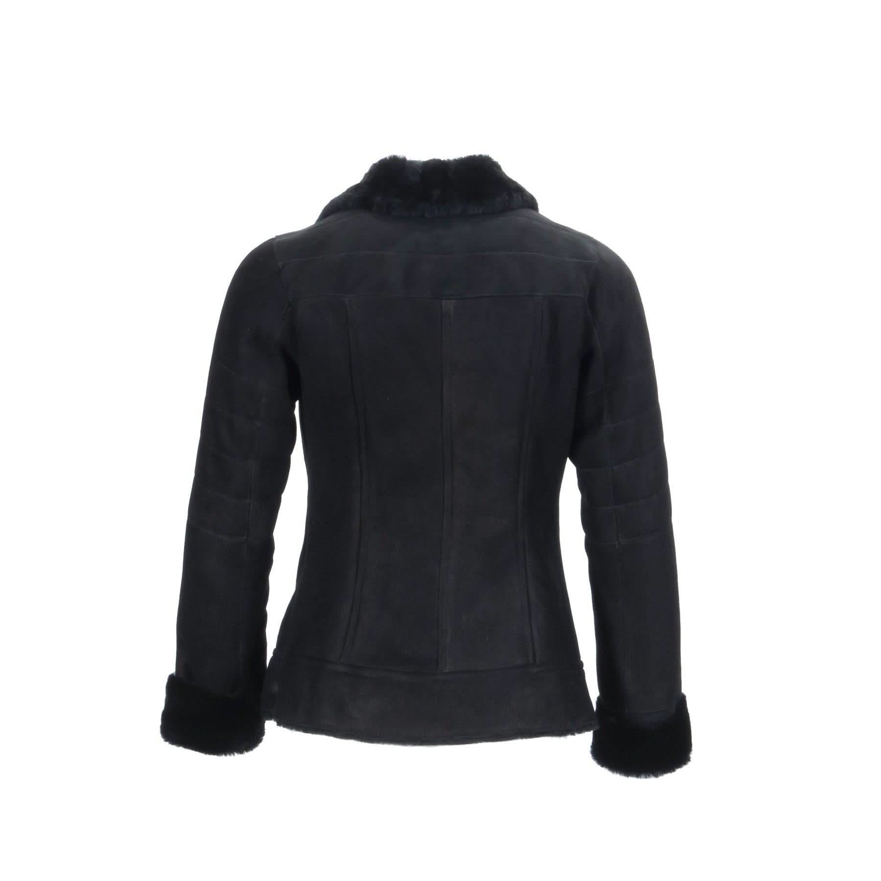 Black sheepskin jacket with fur collar and cuffs, back view. - Yellow Earth Australia