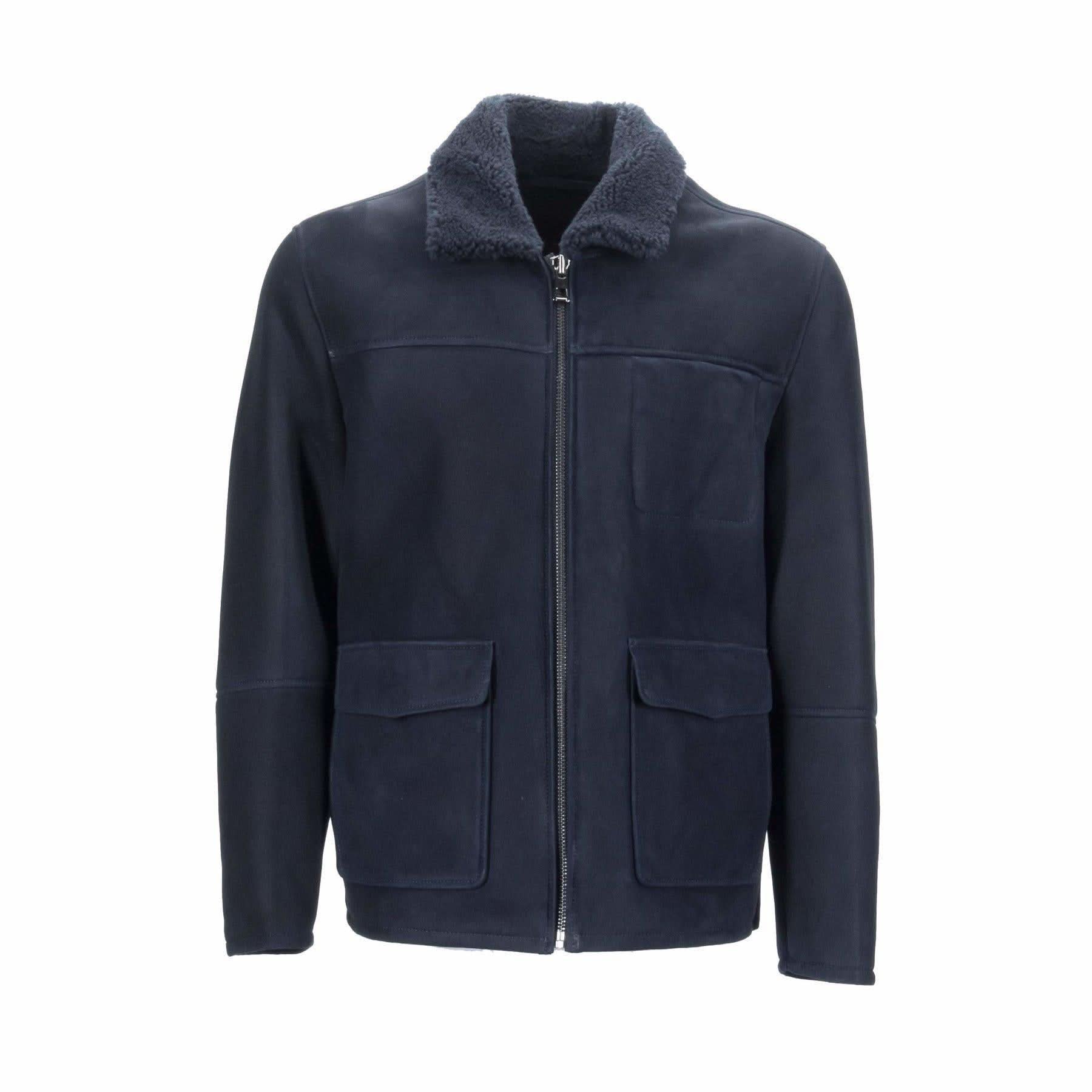 Navy sheepskin jacket with fleece collar and chest pockets, front view. - Yellow Earth Australia