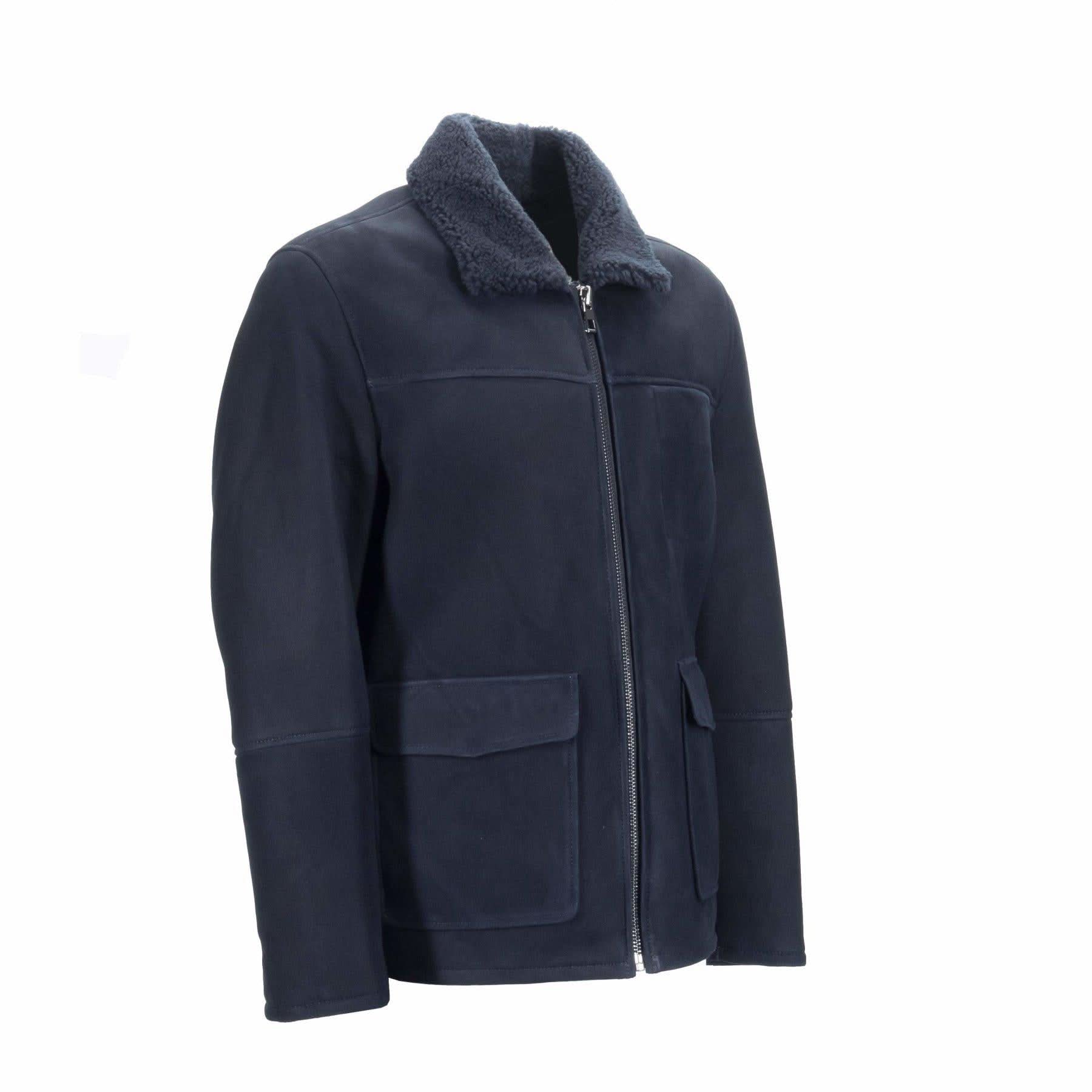 Navy sheepskin jacket with fleece collar and front patch pockets, side view. - Yellow Earth Australia
