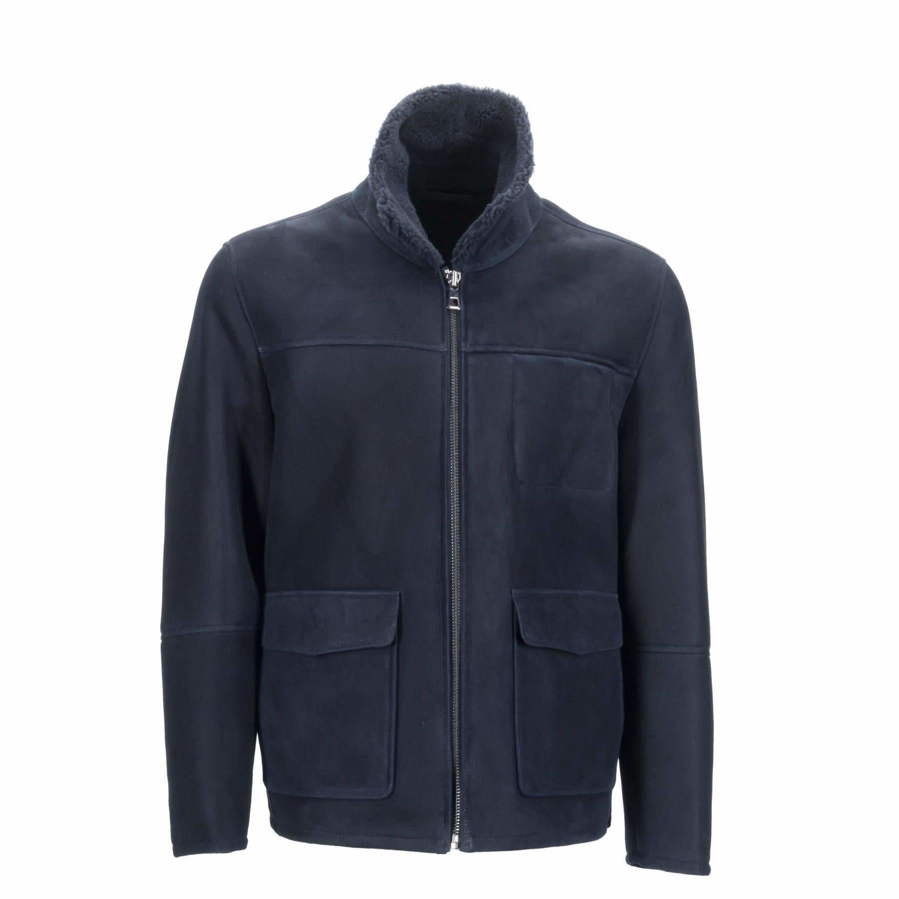 Navy sheepskin jacket with fleece lining and front chest pockets, front view. - Yellow Earth Australia