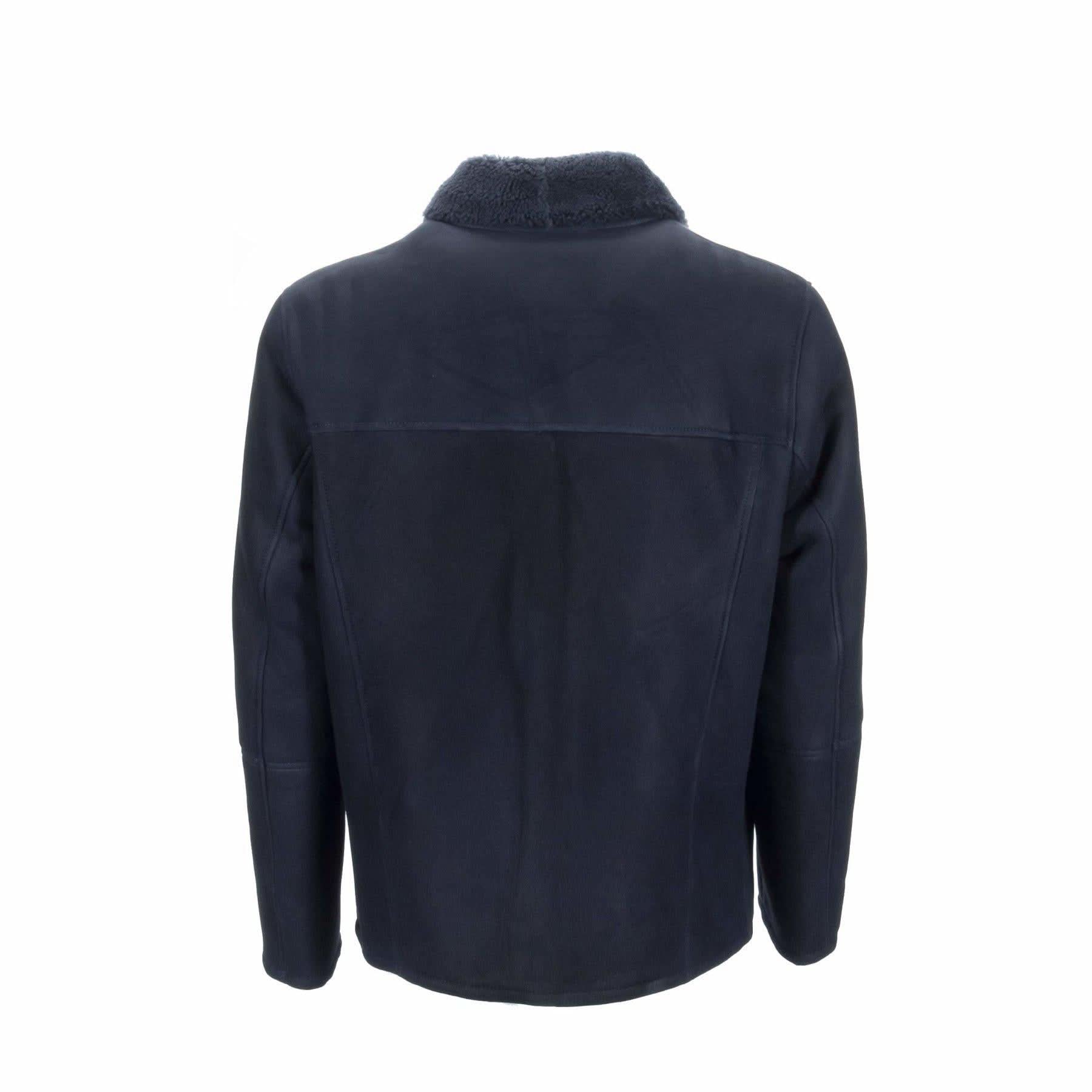 Navy wool fleece jacket with sherpa collar, back view. - Yellow Earth Australia