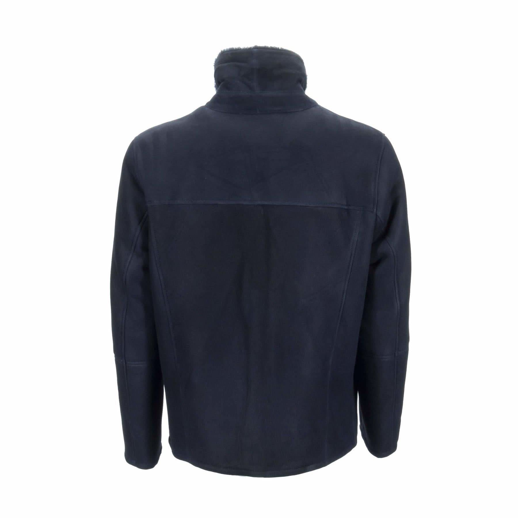 Navy blue wool fleece jacket shown from back view with high collar detail. - Yellow Earth Australia