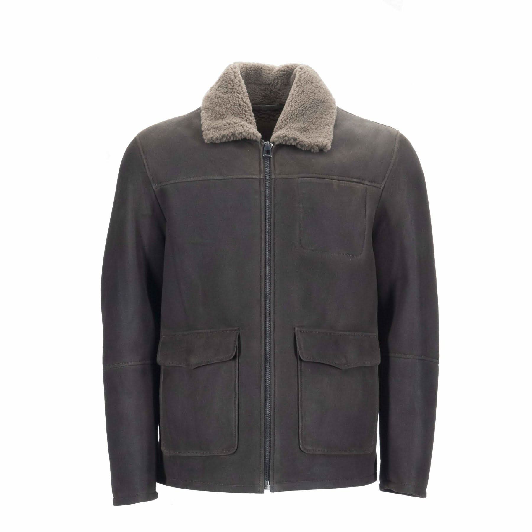 Charcoal suede jacket with sherpa collar and chest pockets, front view. - Yellow Earth Australia