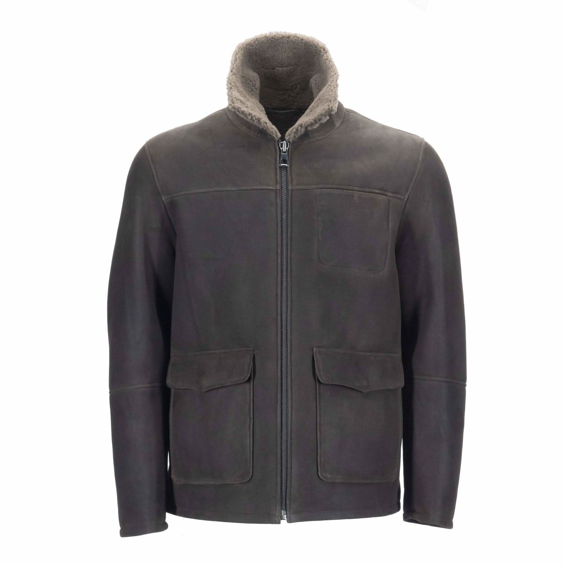 Charcoal grey sheepskin jacket with shearling collar, front zip and chest pockets, frontal view. - Yellow Earth Australia