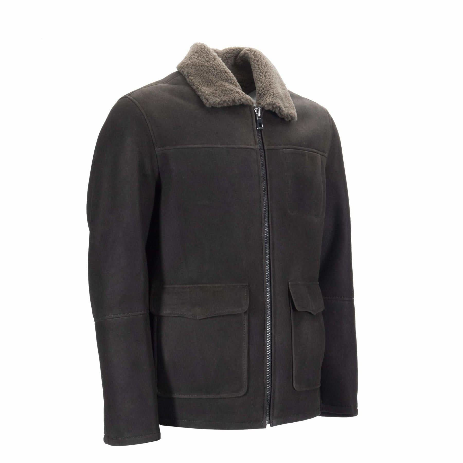Black sheepskin jacket with grey fleece collar, front three-quarter view. - Yellow Earth Australia