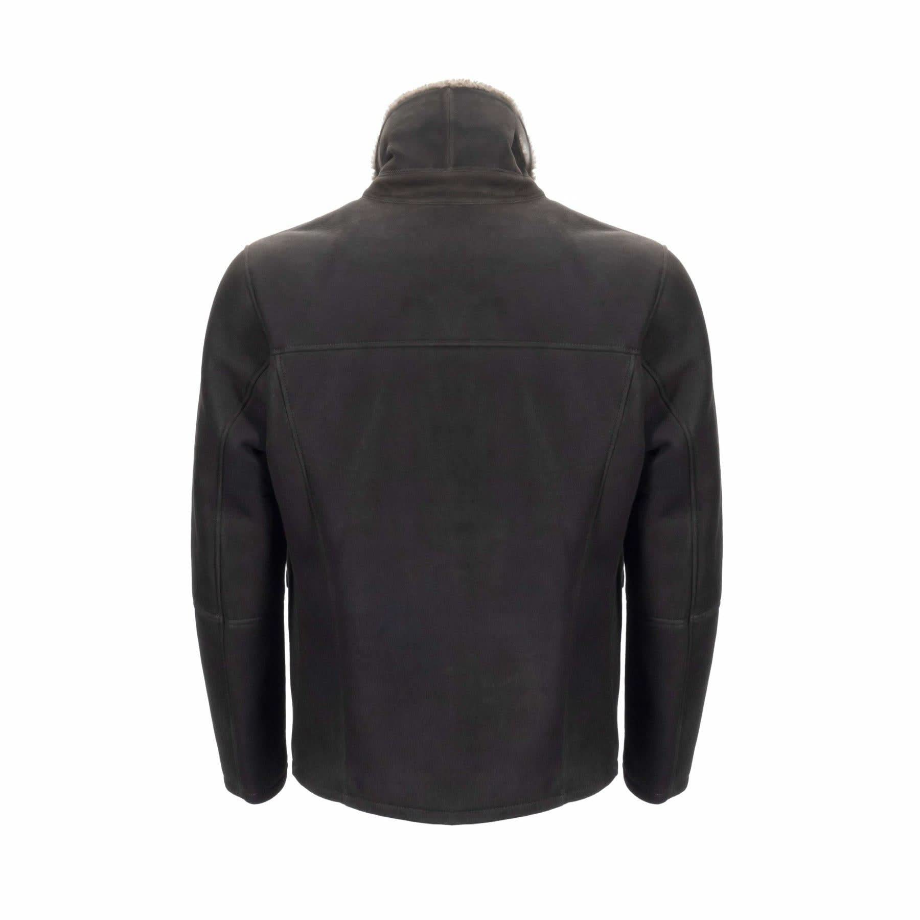 Black sheepskin jacket viewed from back, showing textured wool lining and neat seams. - Yellow Earth Australia