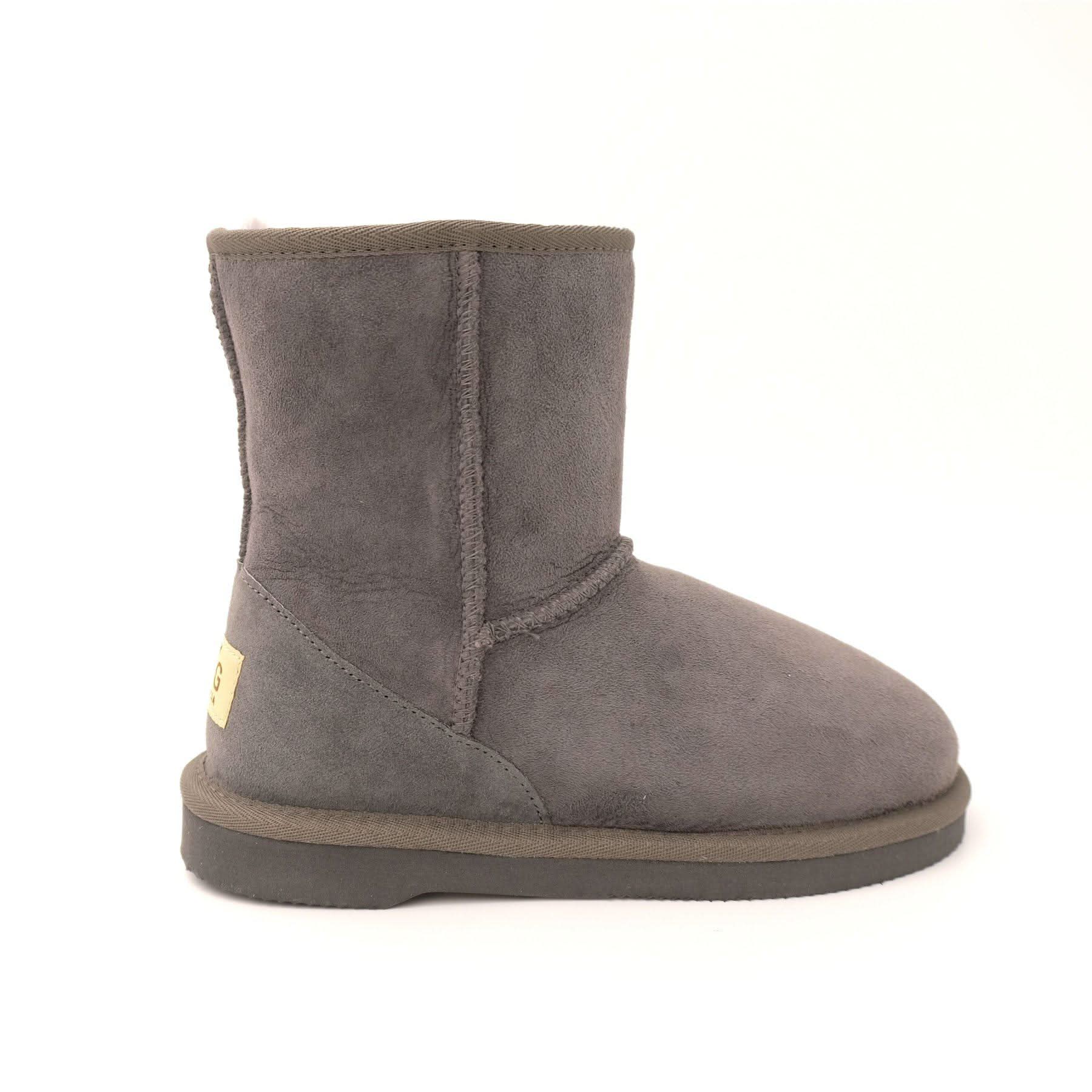 Grey sheepskin short boot with suede upper and wool lining, side view. - Yellow Earth Australia