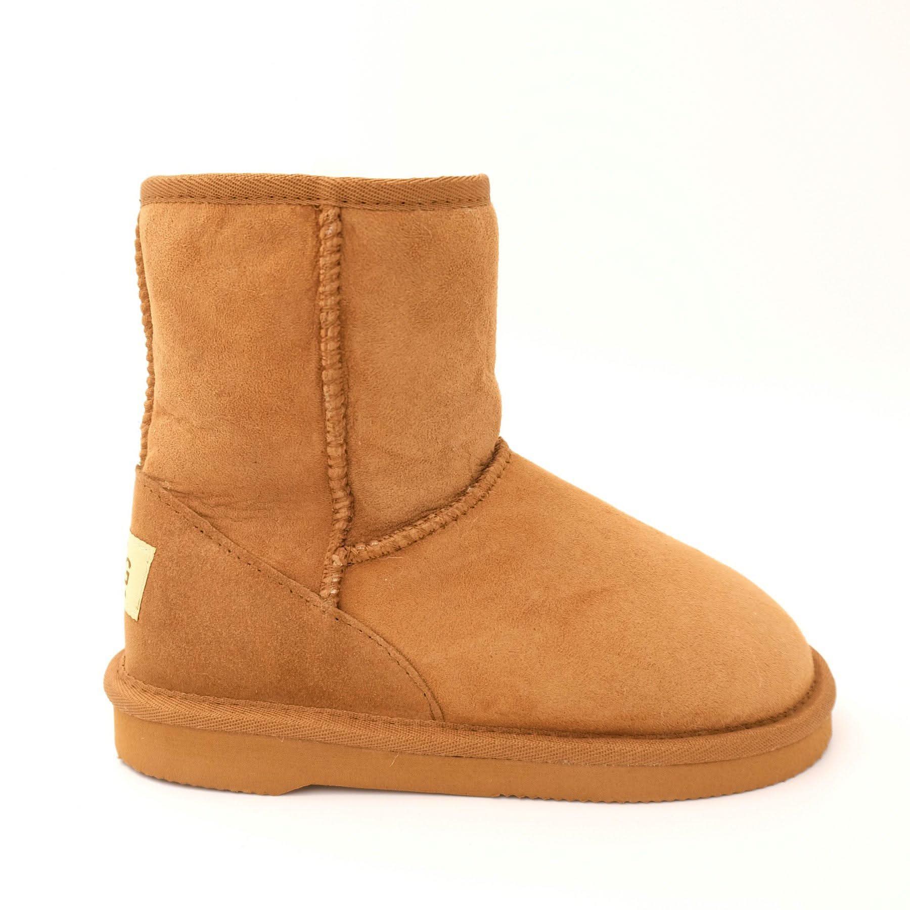 Chestnut sheepskin short boot with visible stitching and wool lining, side view. - Yellow Earth Australia