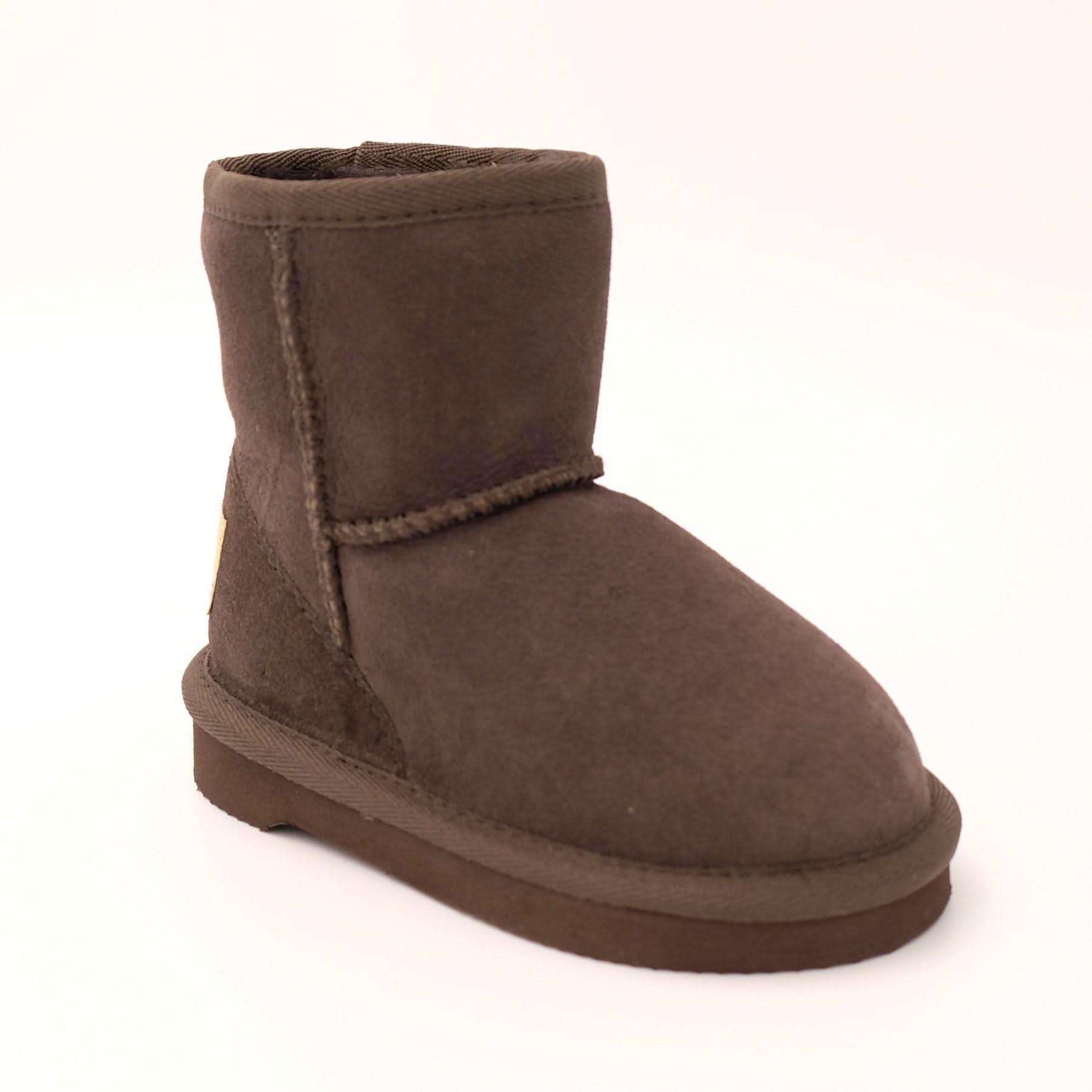 Brown suede sheepskin short boot with fluffy wool lining, side view. - Yellow Earth Australia