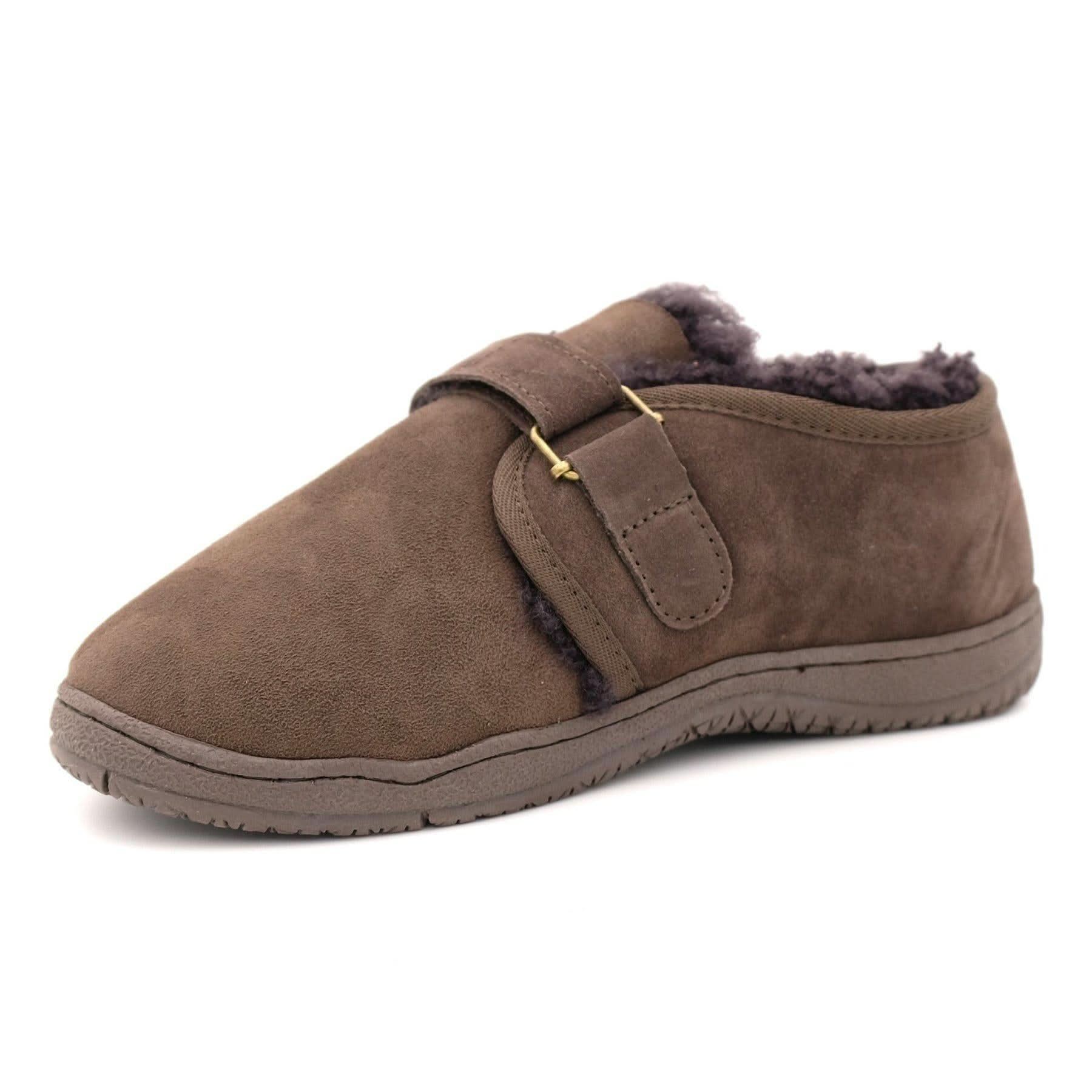 Men's brown suede sheepskin slipper with wool lining, side view. - Yellow Earth Australia