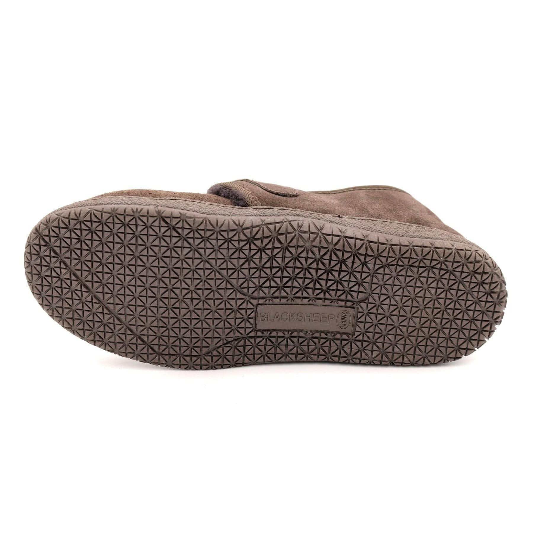 Taupe suede slip-on slipper with geometric patterned sole, bottom view. - Yellow Earth Australia
