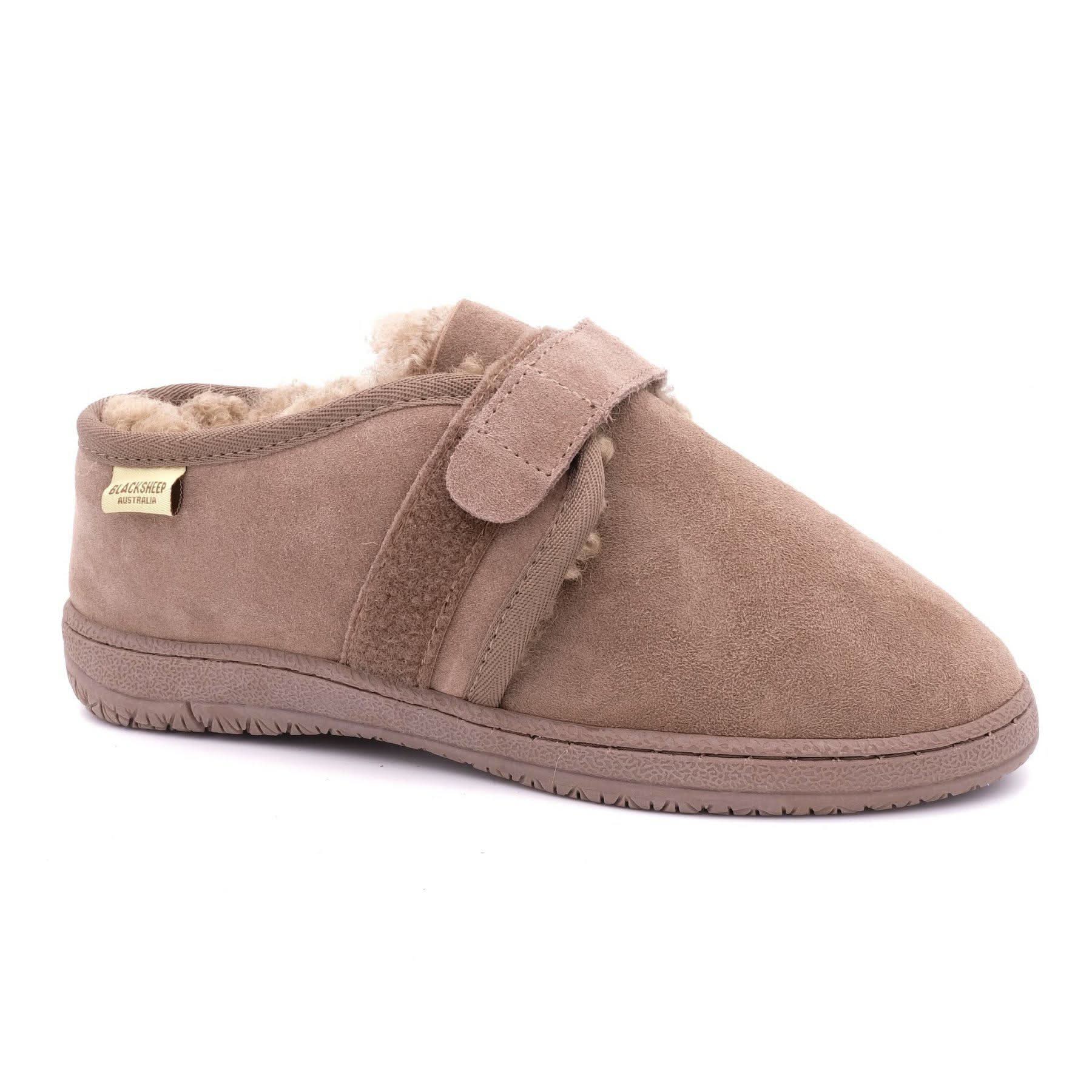 Beige sheepskin slipper boot with wool lining, angled side view. - Yellow Earth Australia