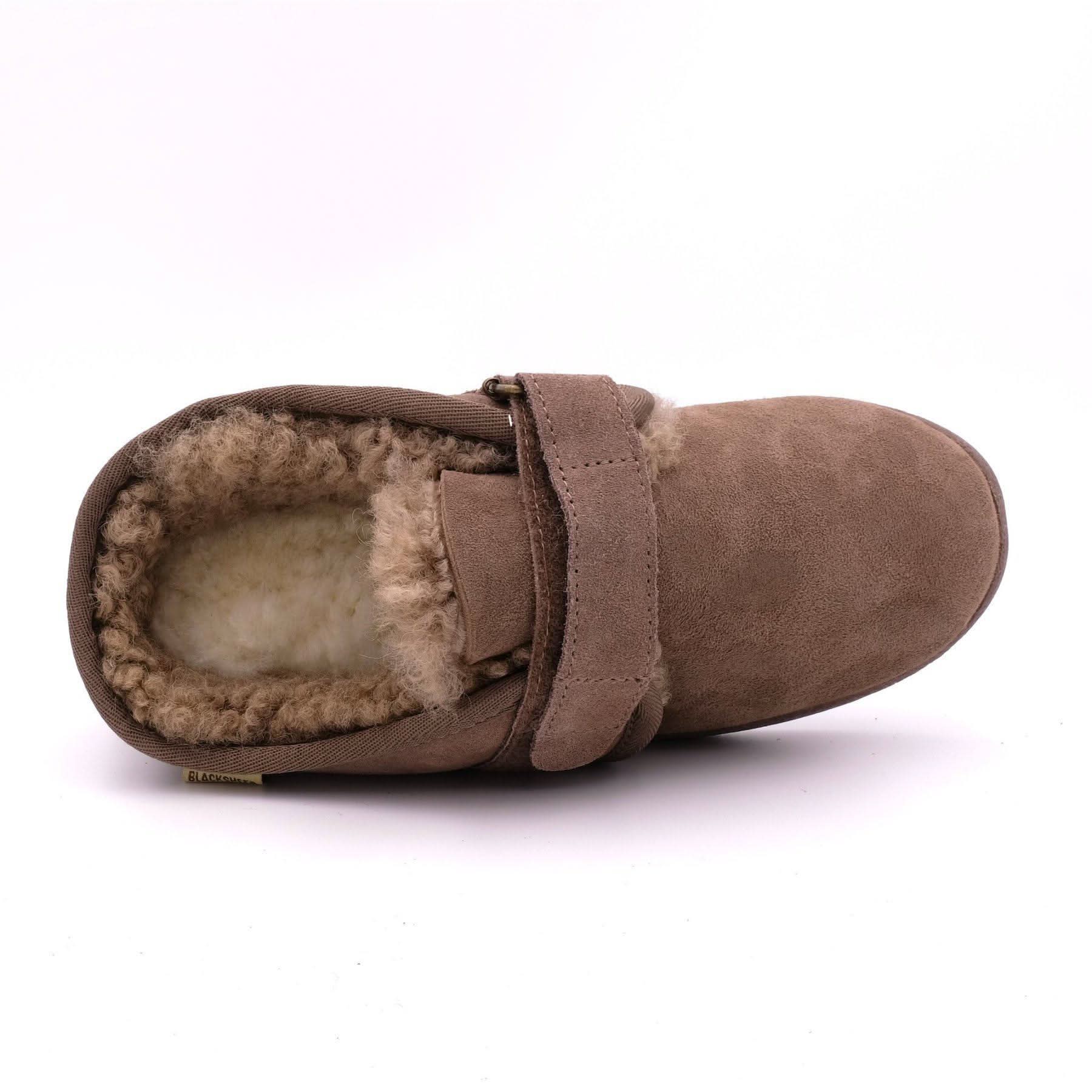Taupe suede sheepskin slipper boot with wool lining, top-down view. - Yellow Earth Australia