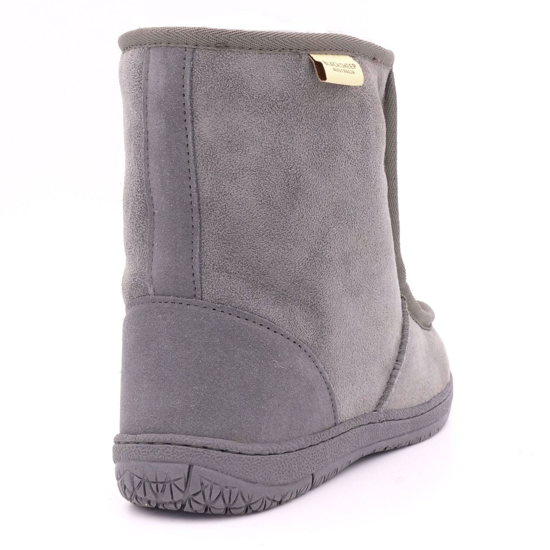 Grey suede sheepskin boot shown from rear angle with wool lining visible. - Yellow Earth Australia