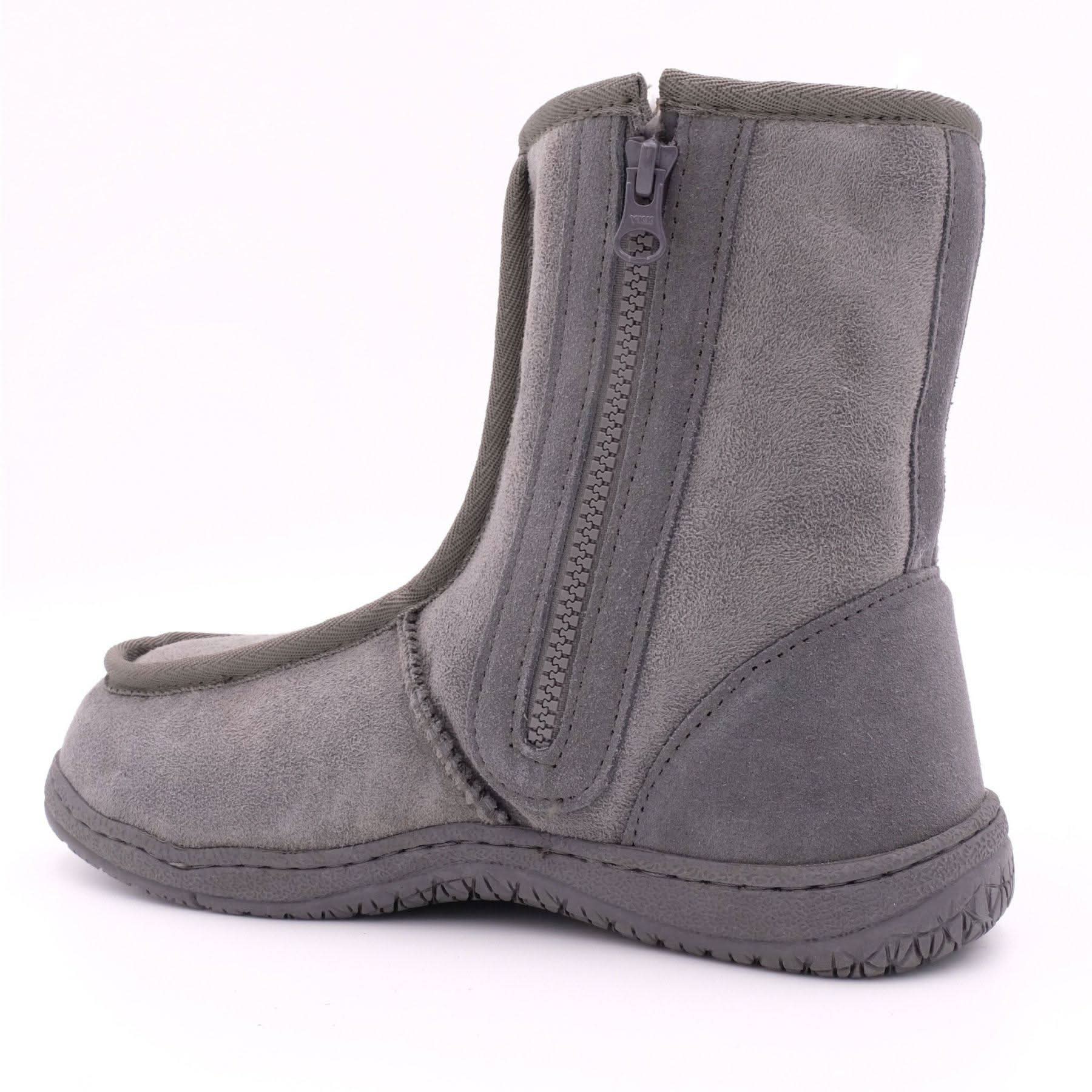 Grey sheepskin wool boot with side zip closure, rear view. - Yellow Earth Australia
