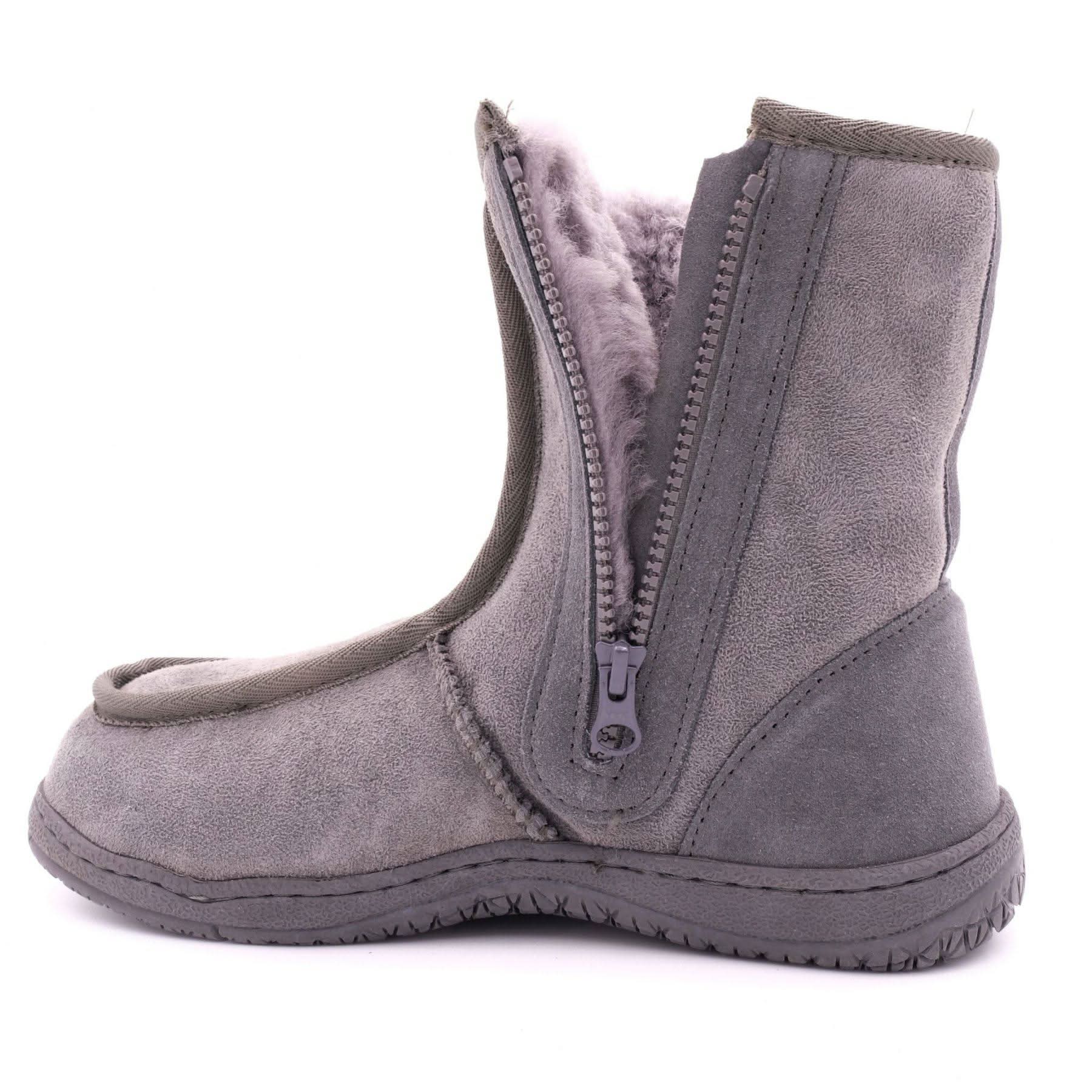 Grey sheepskin boot with wool lining, side view showing zip closure. - Yellow Earth Australia