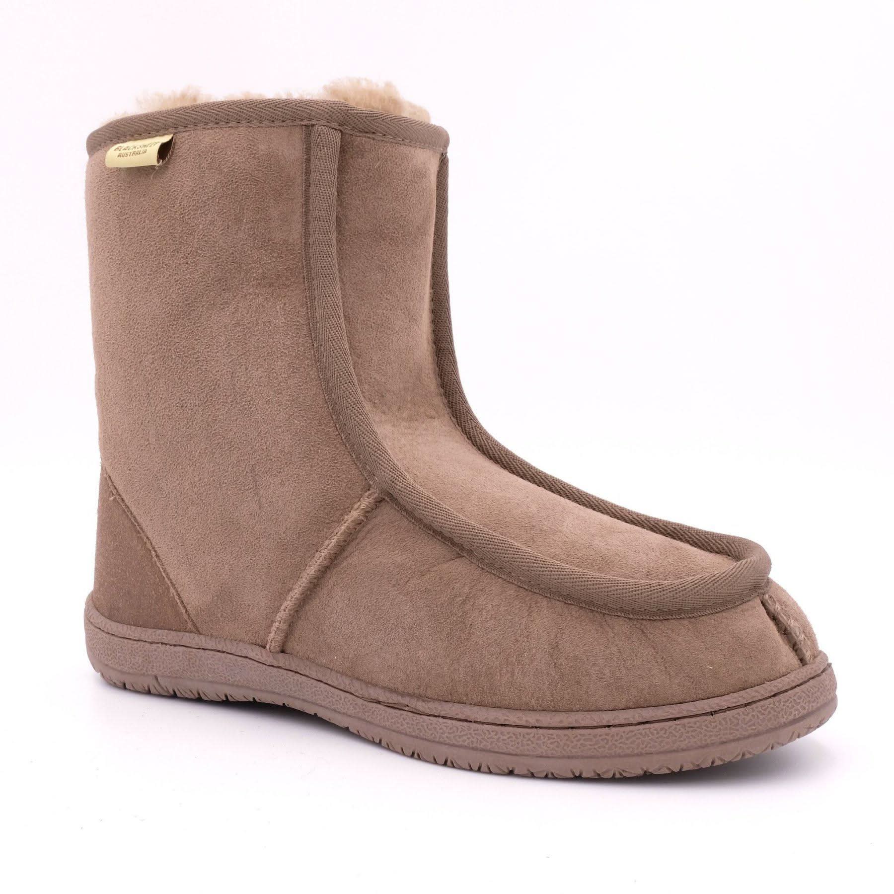 Taupe sheepskin boot with fluffy wool collar, side view. - Yellow Earth Australia