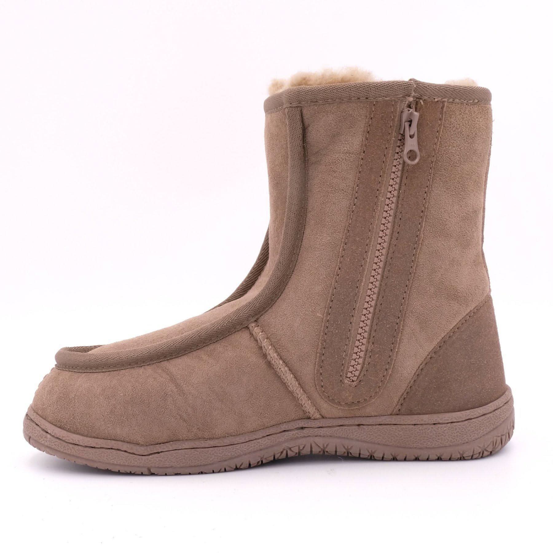 Beige sheepskin wool mid-calf boot with zip closure, side view. - Yellow Earth Australia