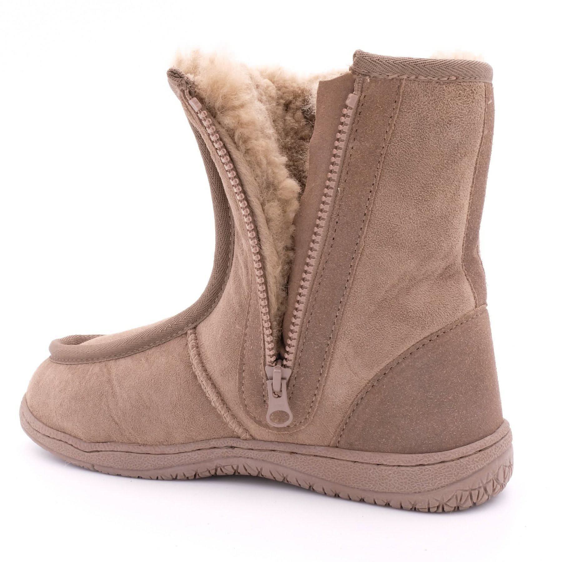 Beige sheepskin wool winter boot with fur lining, side zip closure, rear view. - Yellow Earth Australia
