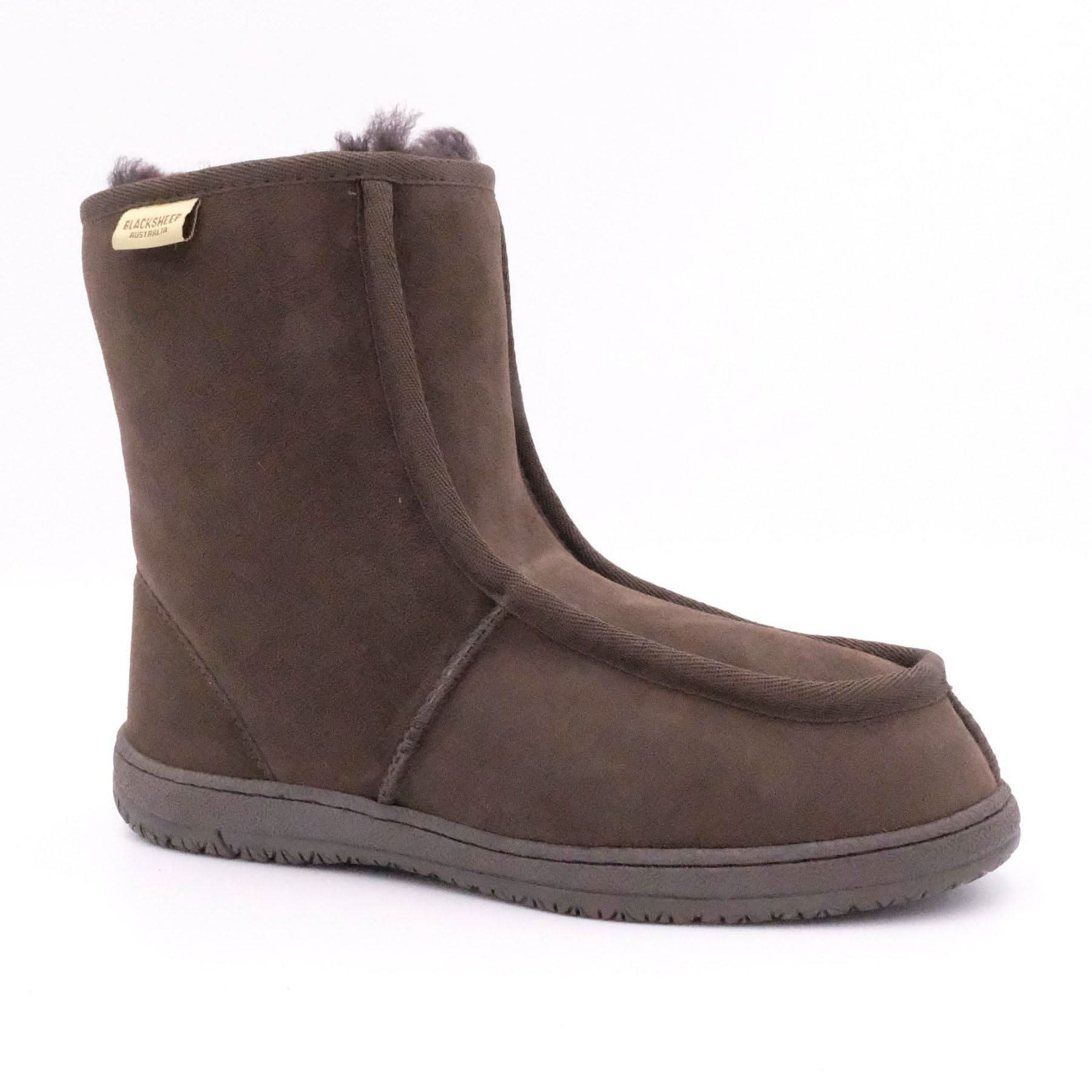 Brown sheepskin wool boot with fluffy lining, side view on white background. - Yellow Earth Australia