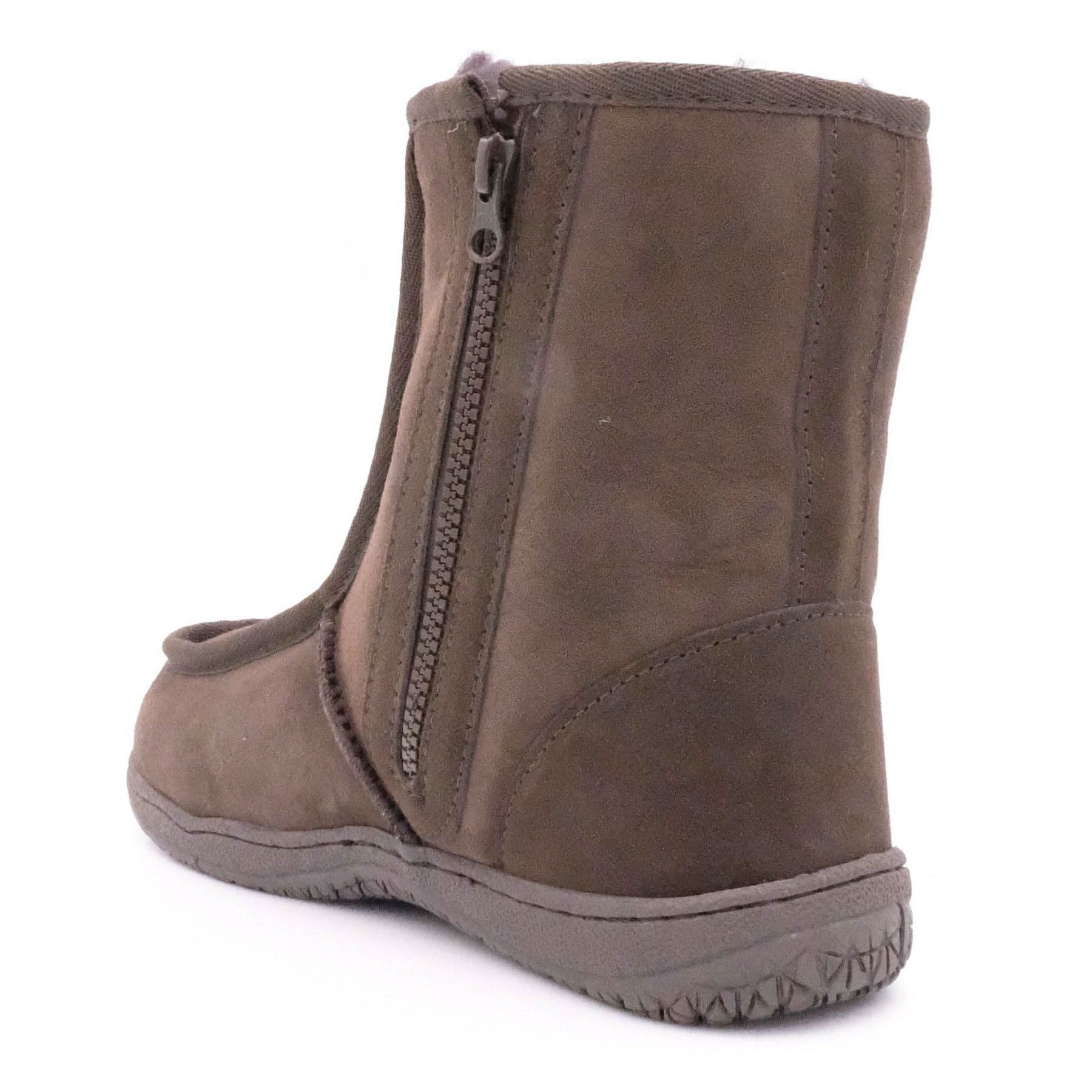 Brown suede sheepskin boot with side zip, rear view. - Yellow Earth Australia