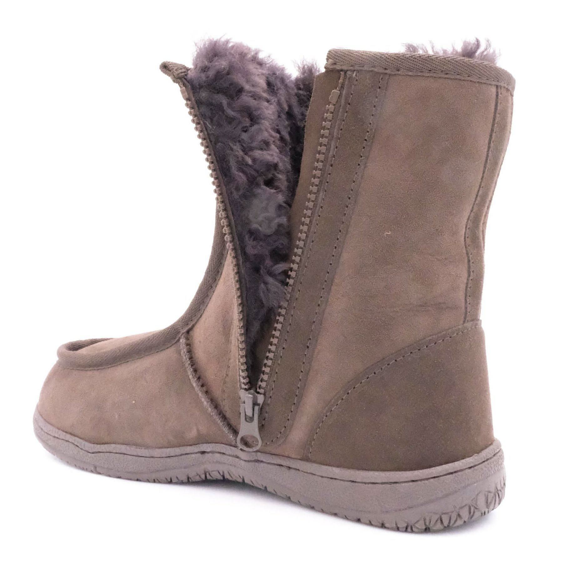 Taupe sheepskin boot with fur lining, side zip closure, rear view. - Yellow Earth Australia