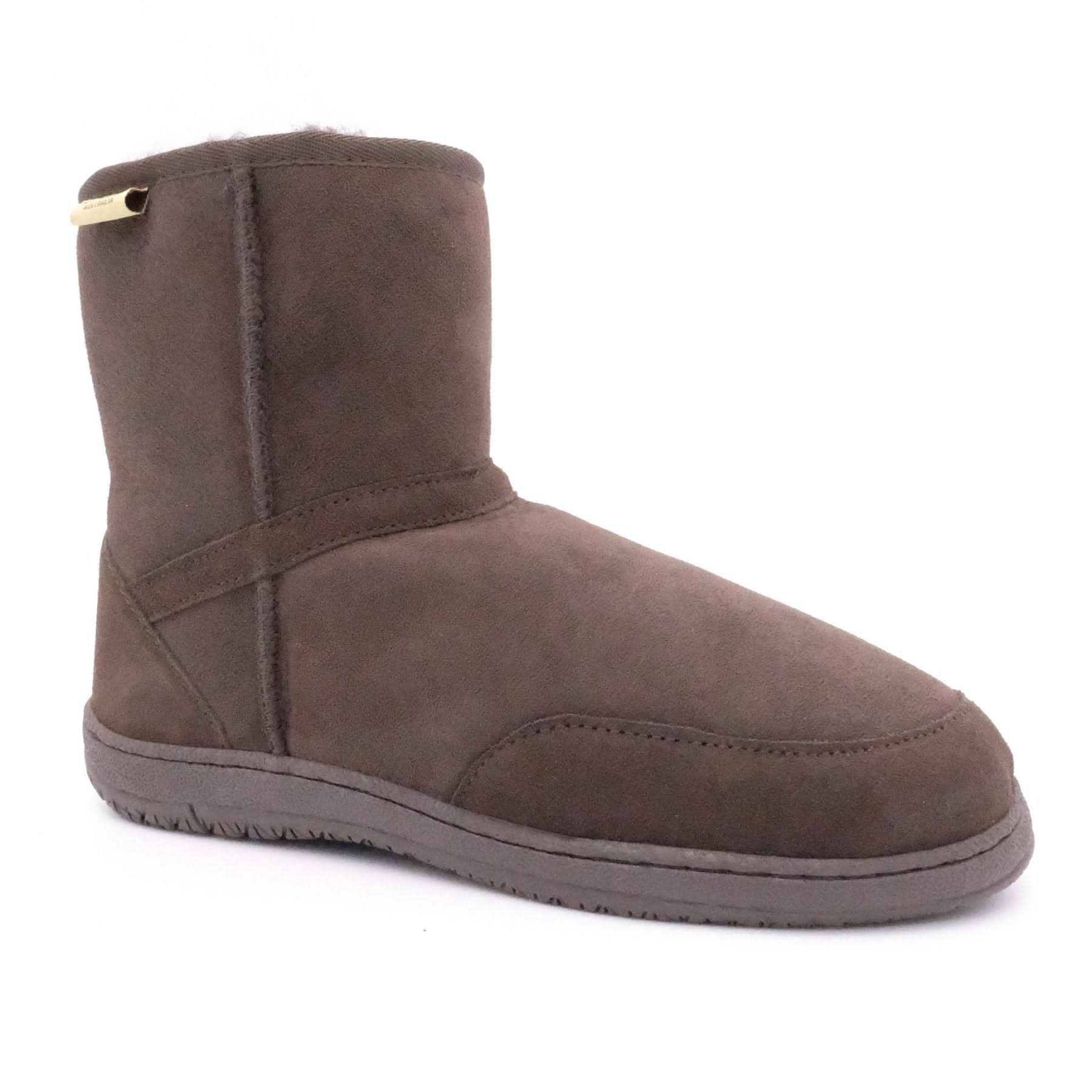 Brown sheepskin short boot with wool lining, side view. - Yellow Earth Australia
