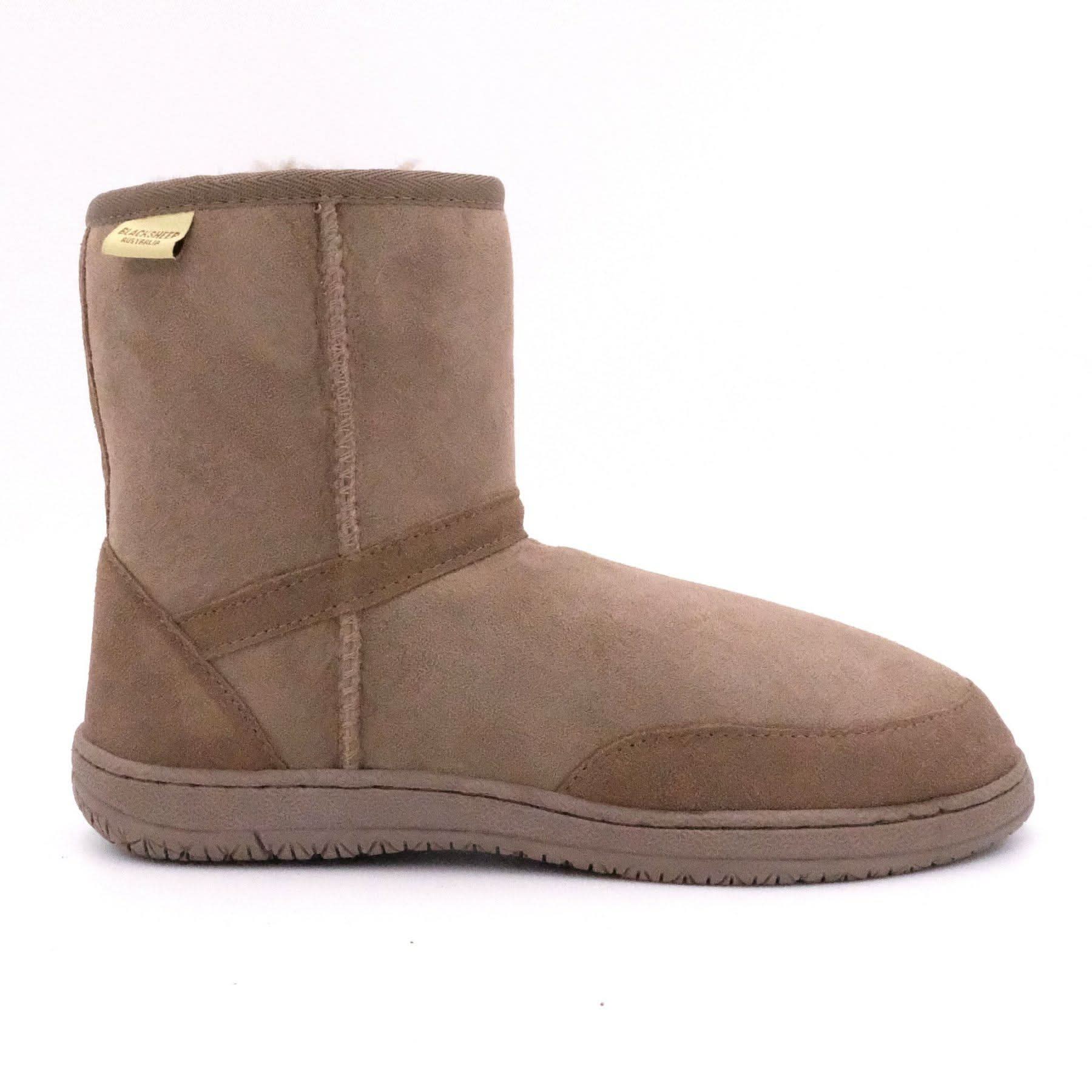 Tan sheepskin short boot with wool lining, side view. - Yellow Earth Australia