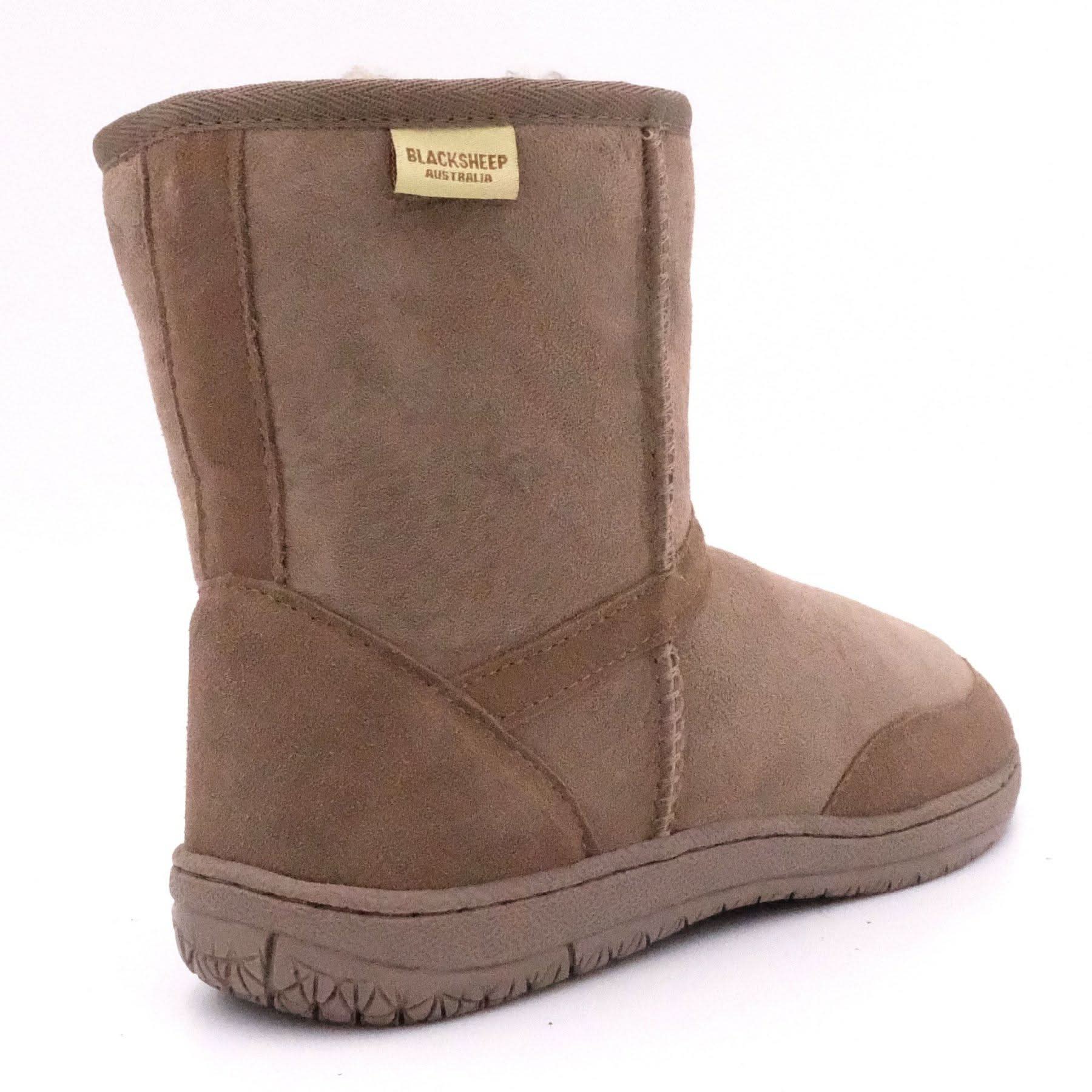 Taupe sheepskin mid-calf boot shown from rear angle with visible wool lining. - Yellow Earth Australia