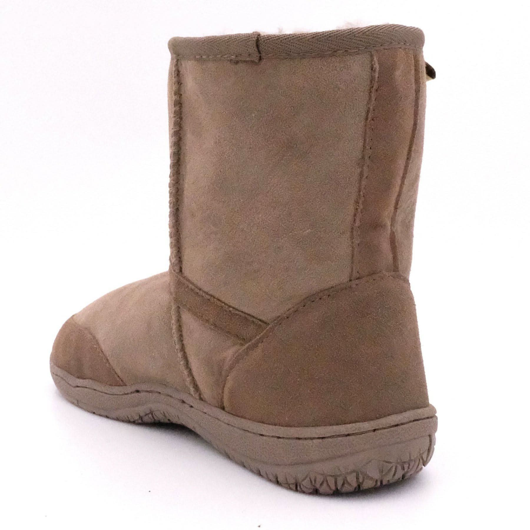 Tan suede sheepskin boot shown from rear three-quarter angle view. - Yellow Earth Australia
