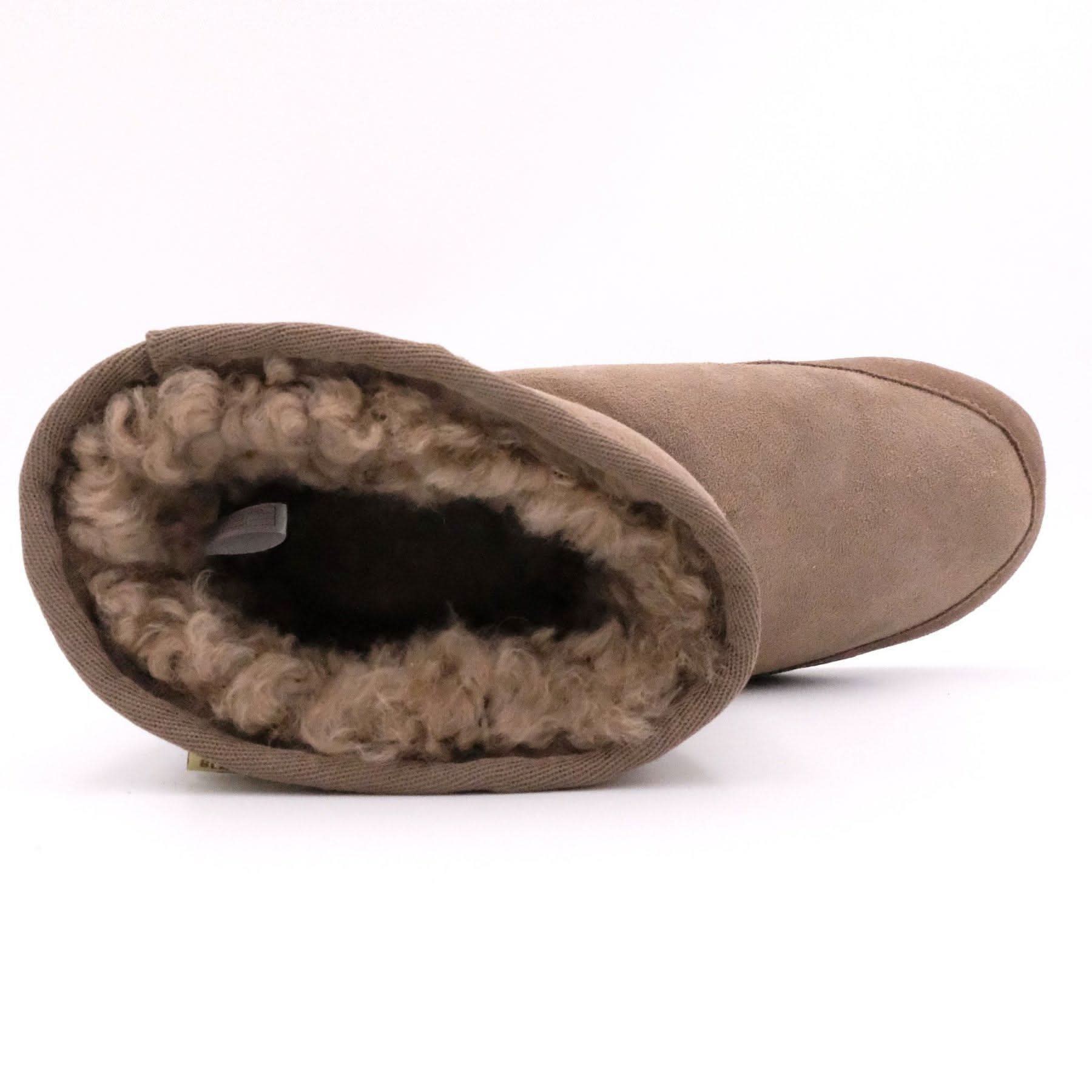 Beige sheepskin boot with fluffy wool lining, top-down view. - Yellow Earth Australia