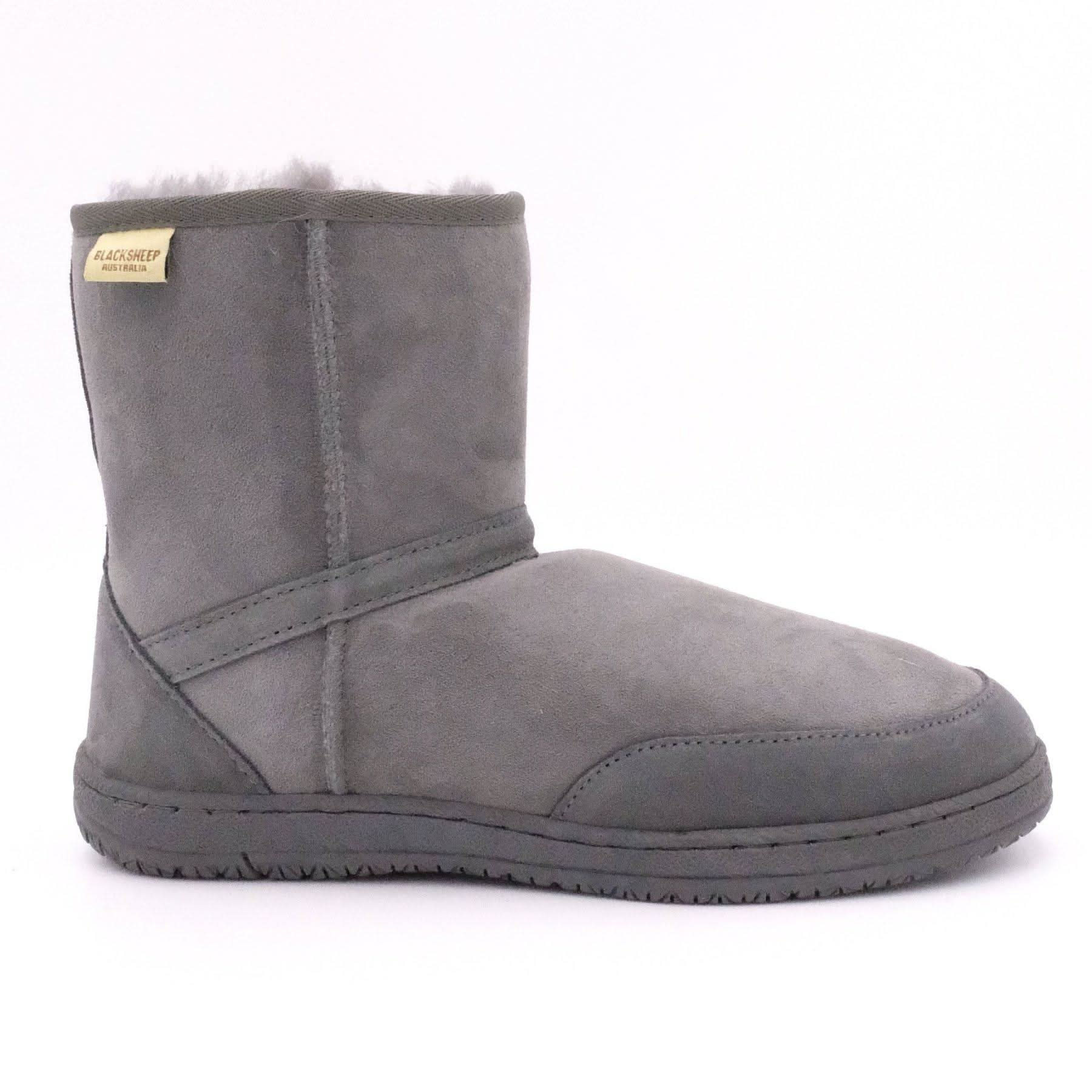 Grey sheepskin wool boot with fluffy collar, side view. - Yellow Earth Australia