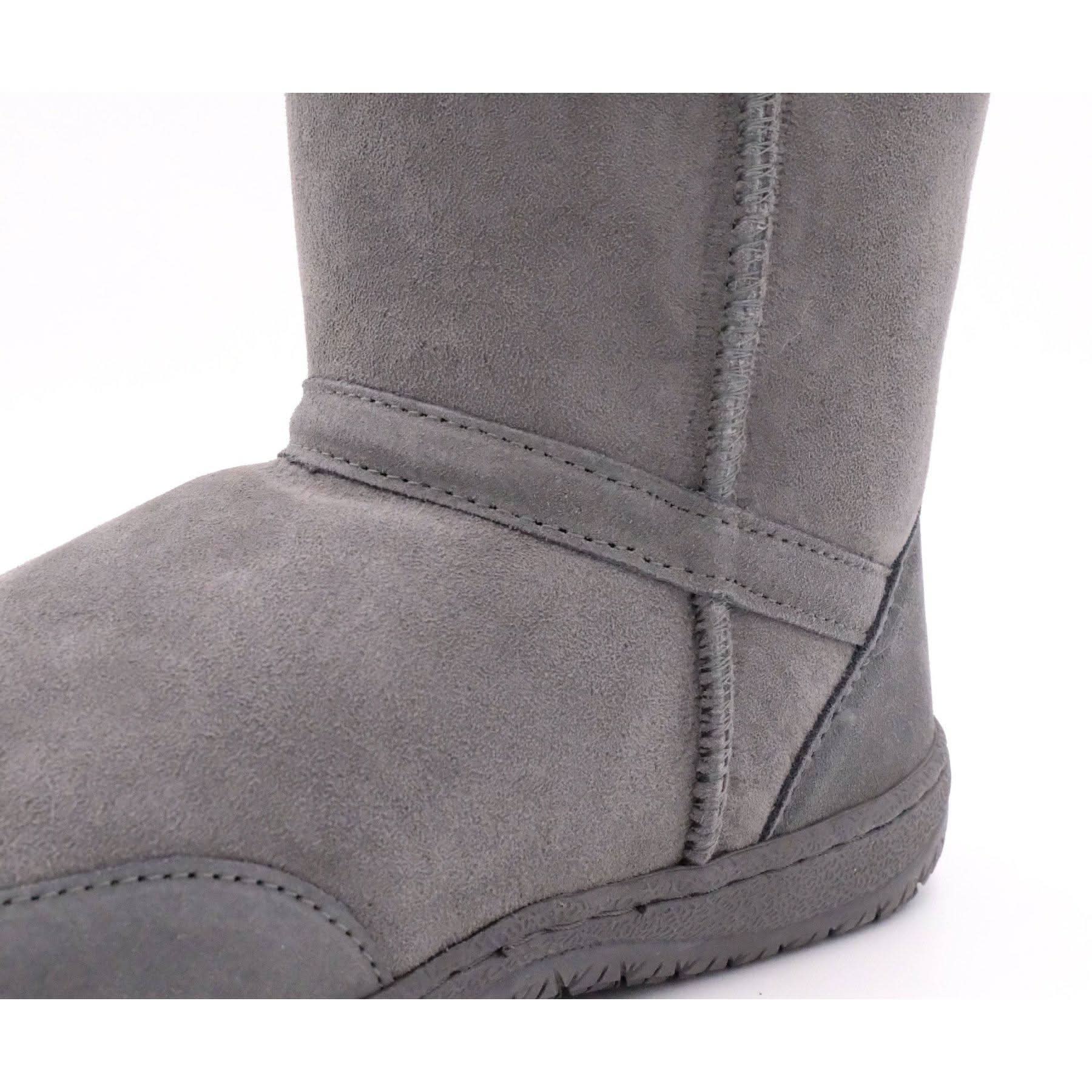 Grey sheepskin wool mid-calf boot with visible stitching detail, side view. - Yellow Earth Australia