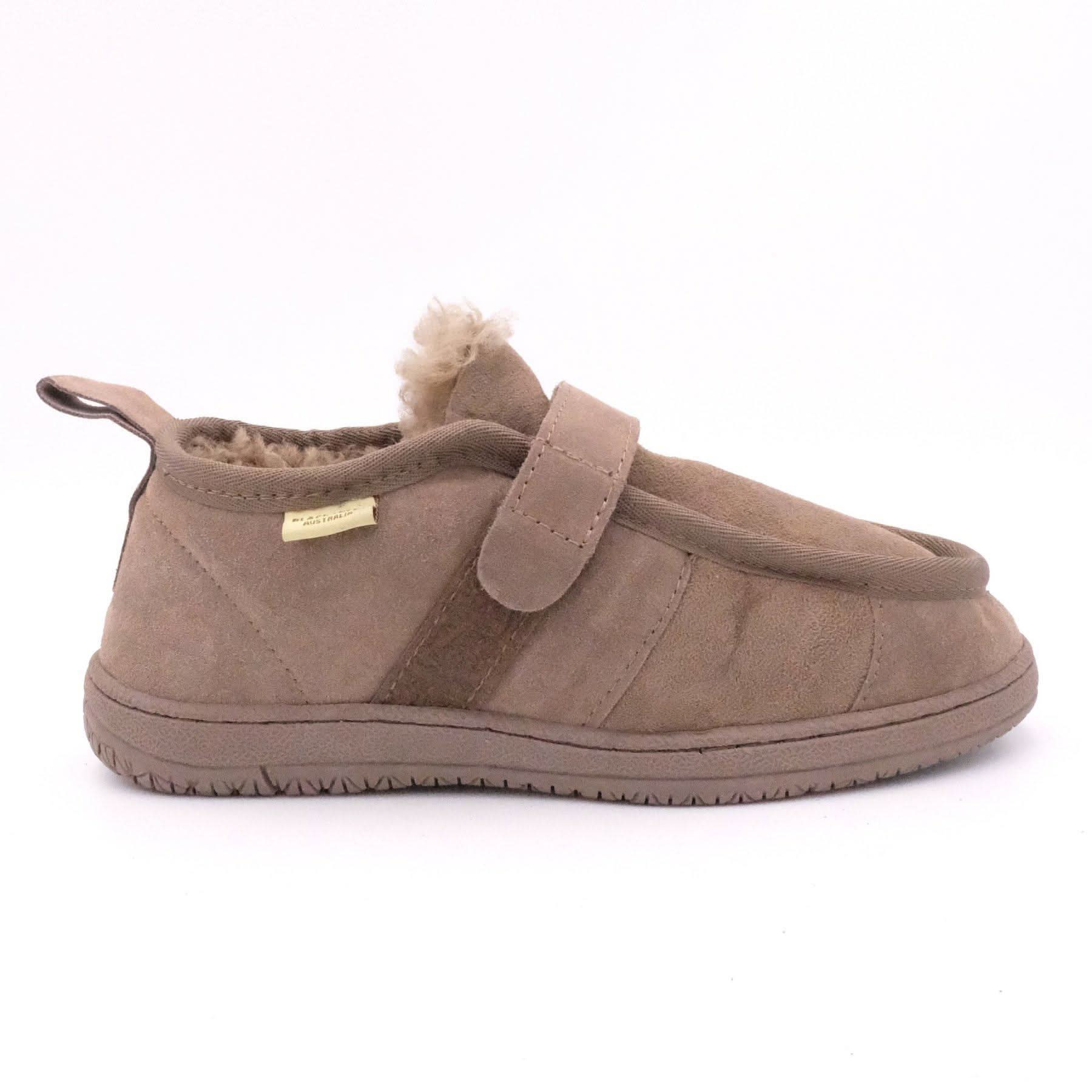 Beige sheepskin slipper with wool lining and velcro strap, side view. - Yellow Earth Australia