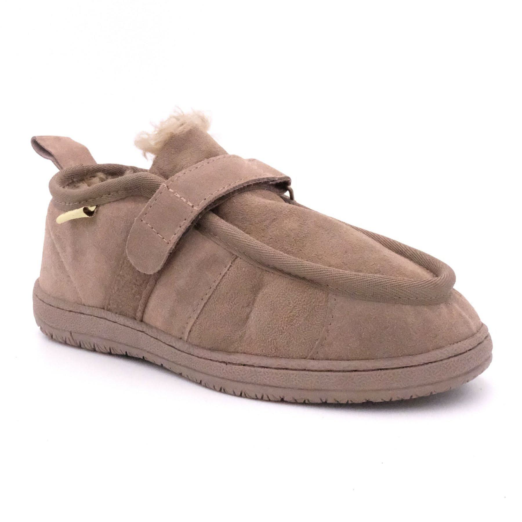 Beige sheepskin slipper boot with wool lining and velcro strap, side view. - Yellow Earth Australia