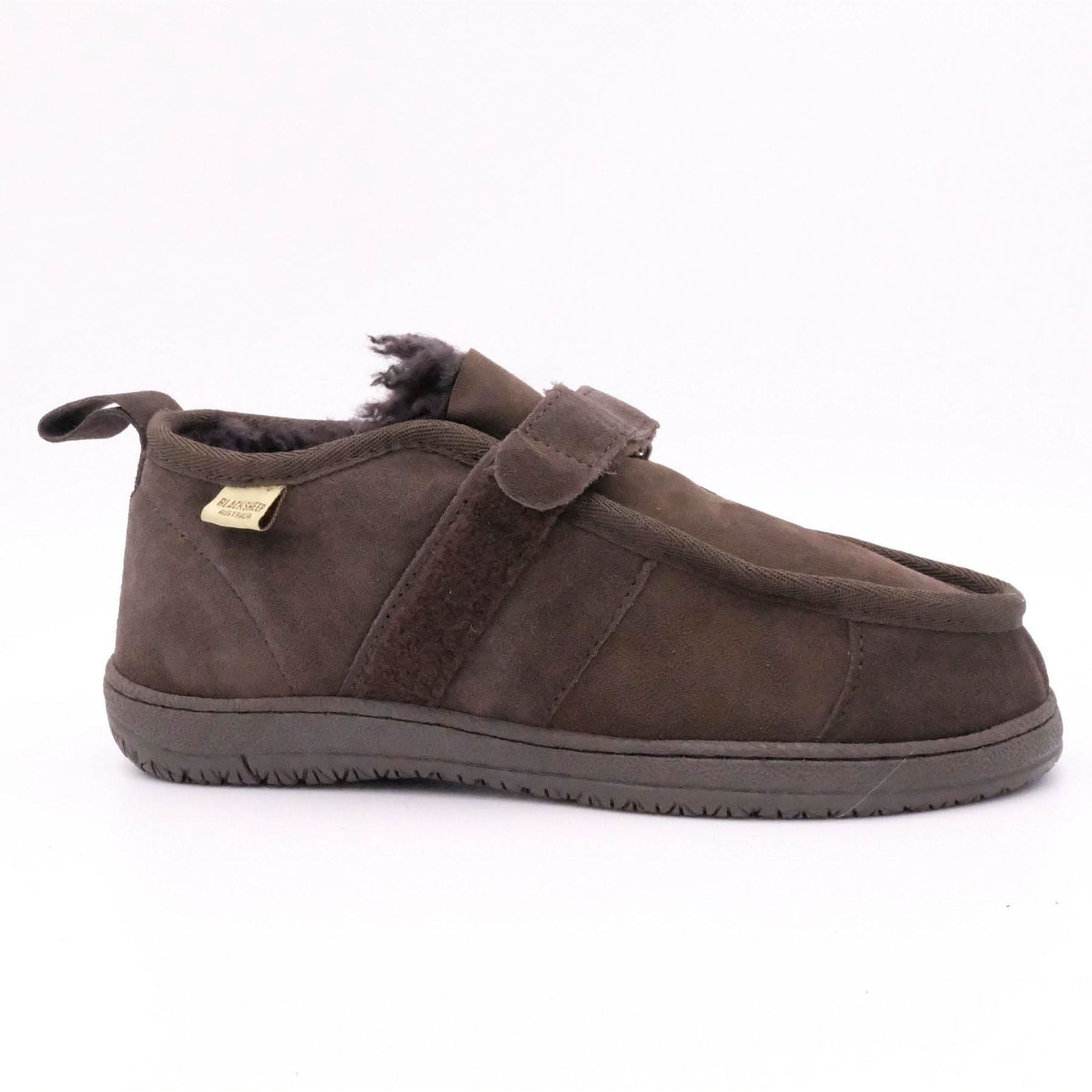 Chocolate brown sheepskin moccasin slipper with wool lining, side view. - Yellow Earth Australia