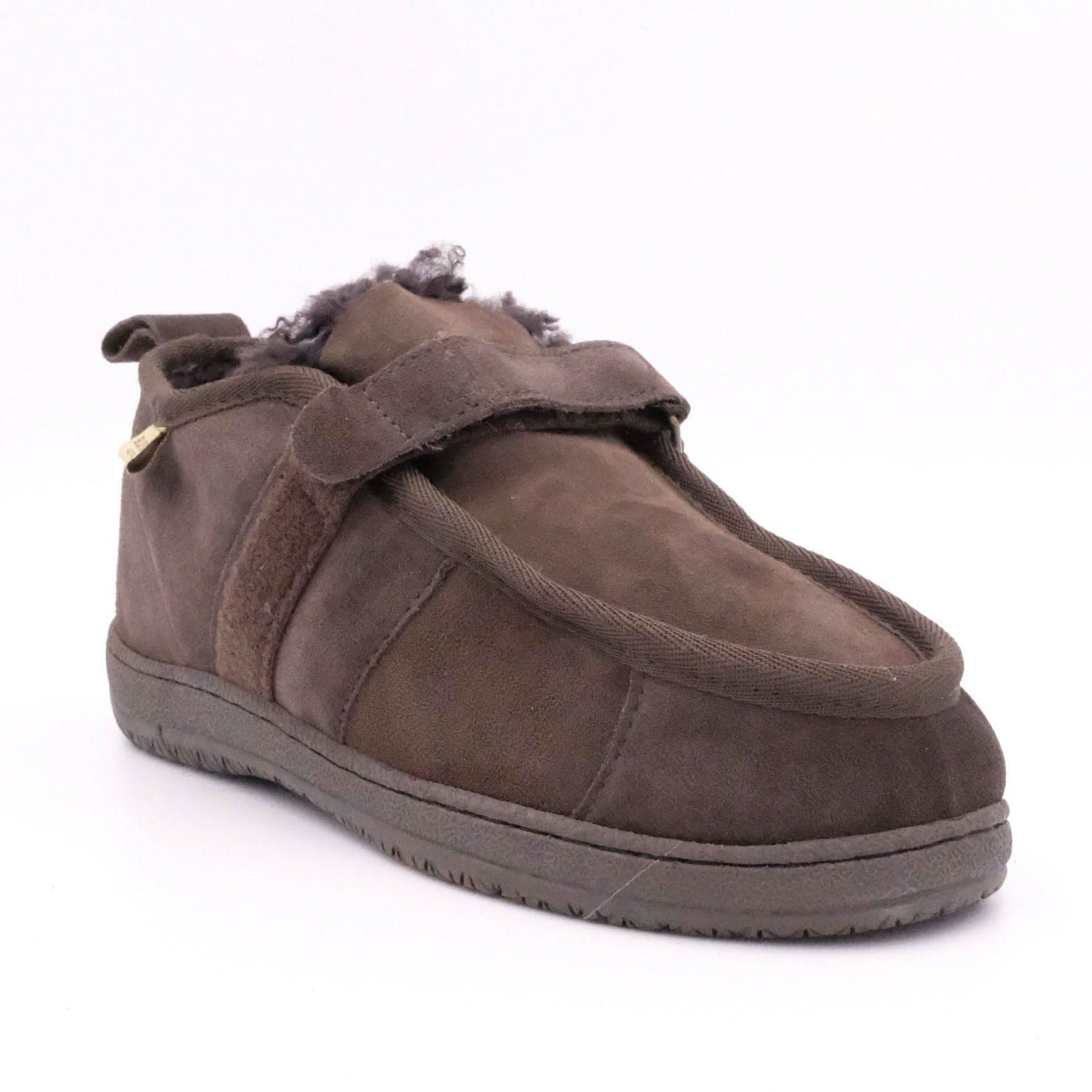 Chocolate suede sheepskin ankle boot with fleece lining, side view. - Yellow Earth Australia